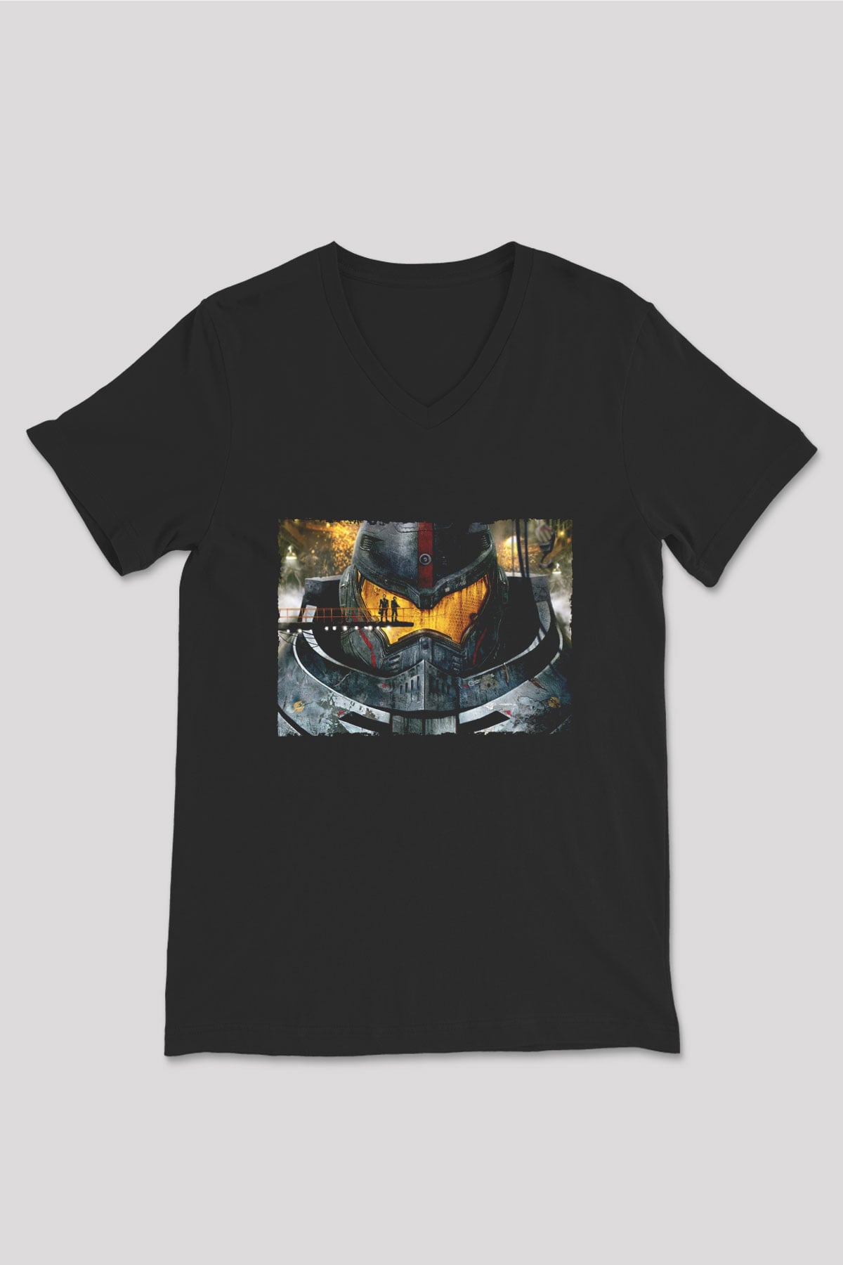 Unisex Pasifik Savaşı (Pacific Rim) Baskılı Siyah V Yaka Tişört