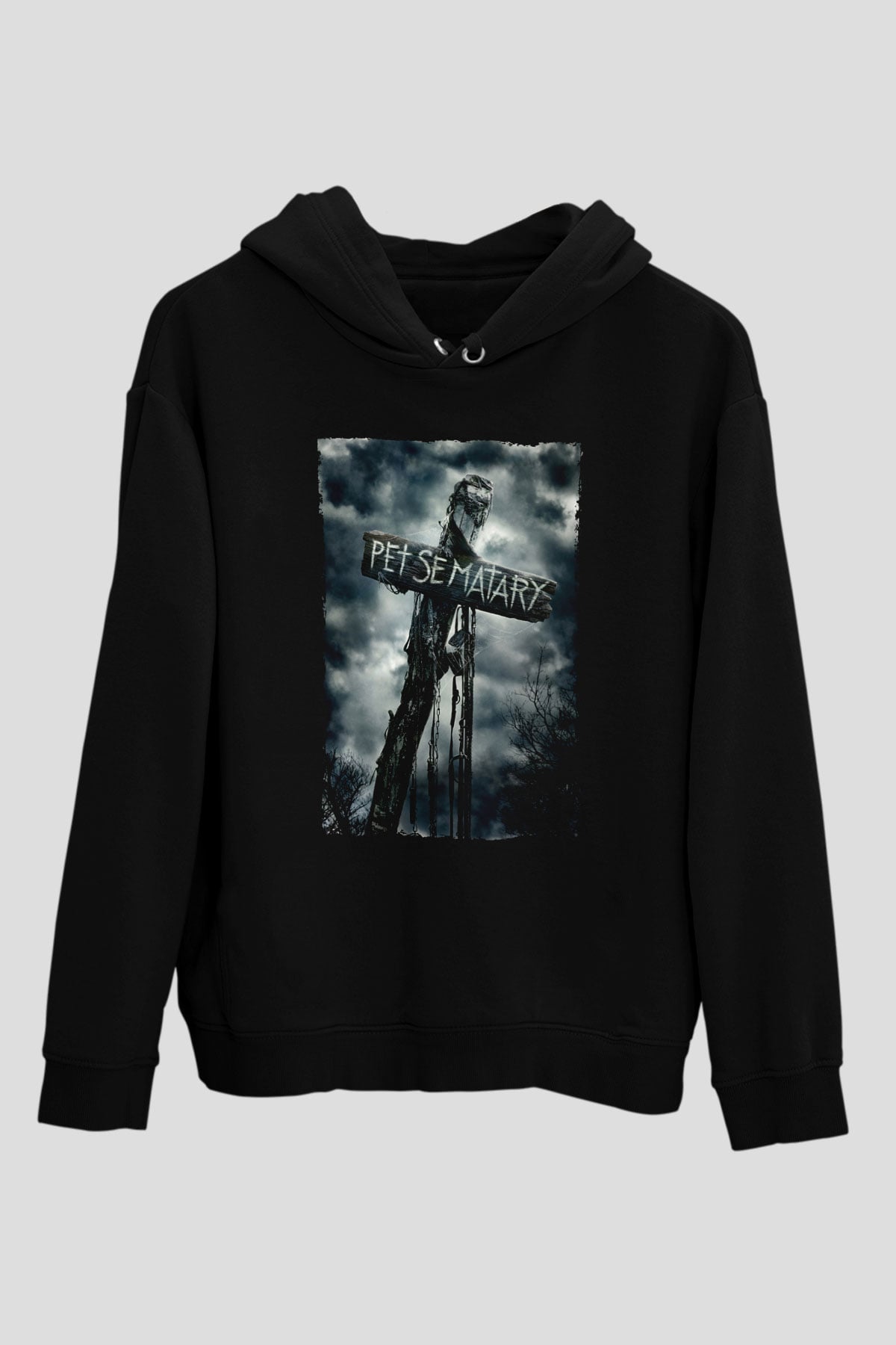 Unisex Pet Sematary Baskılı Siyah Kapüşonlu Sweatshirt