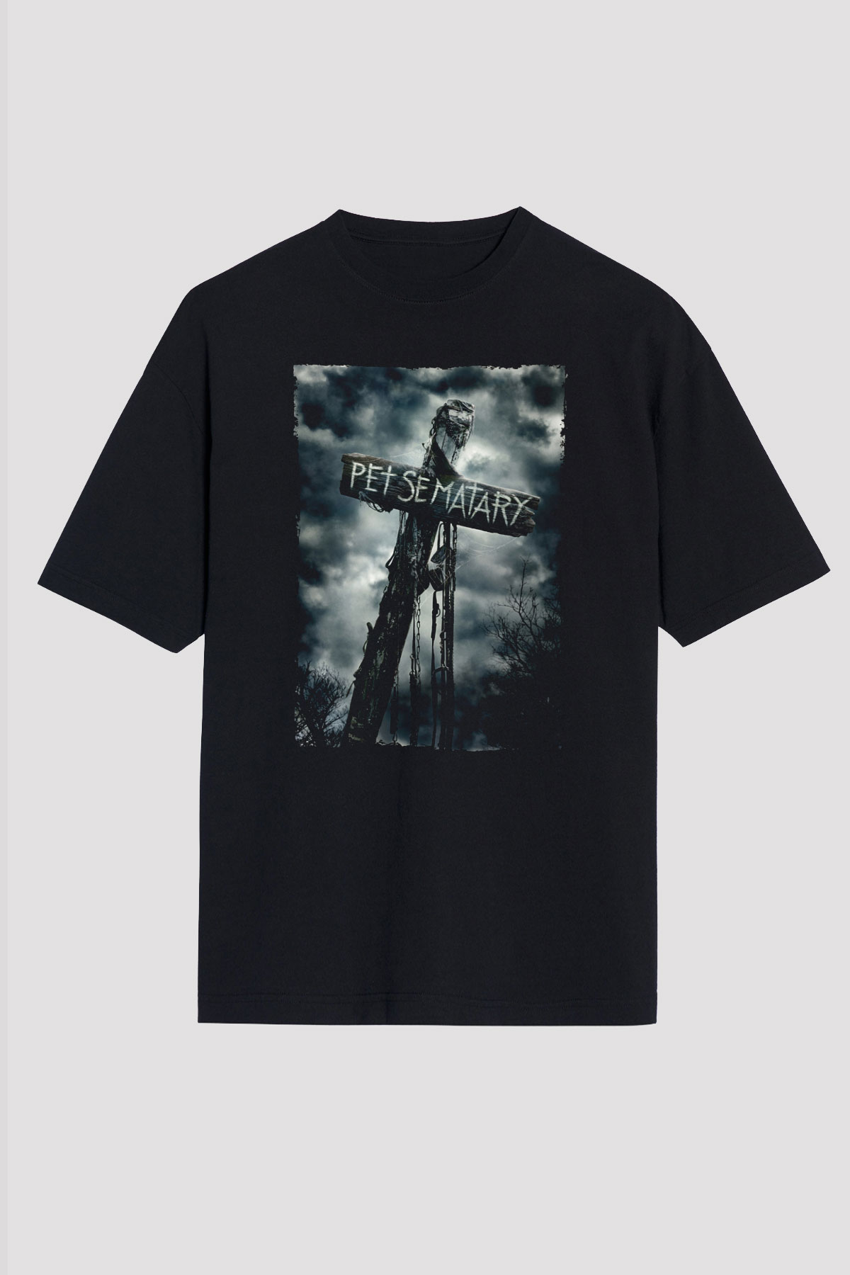 Unisex Pet Sematary Baskılı Siyah Oversize Tişört