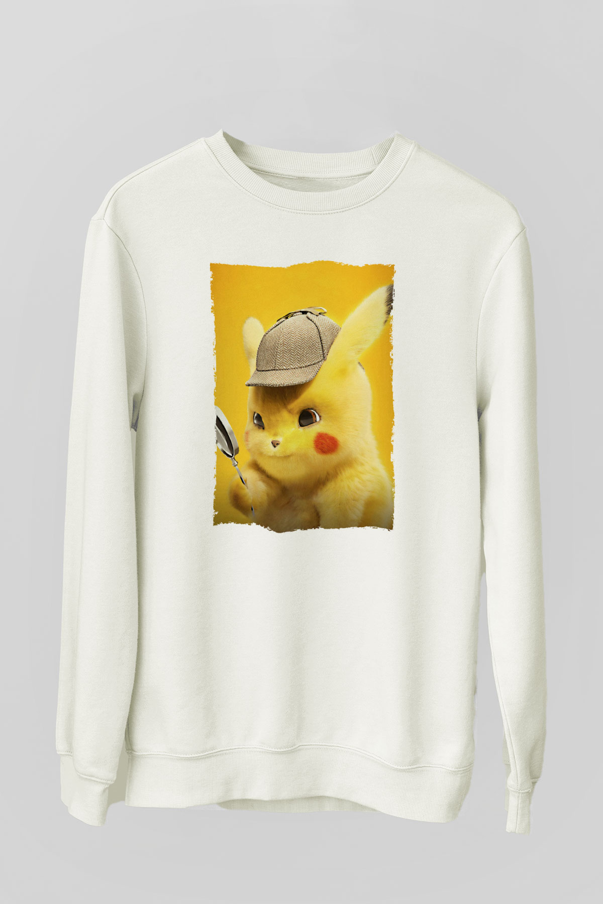 Unisex Pokémon Dedektif Pikachu (Pokémon Detective Pikachu) Baskılı Beyaz Sweatshirt