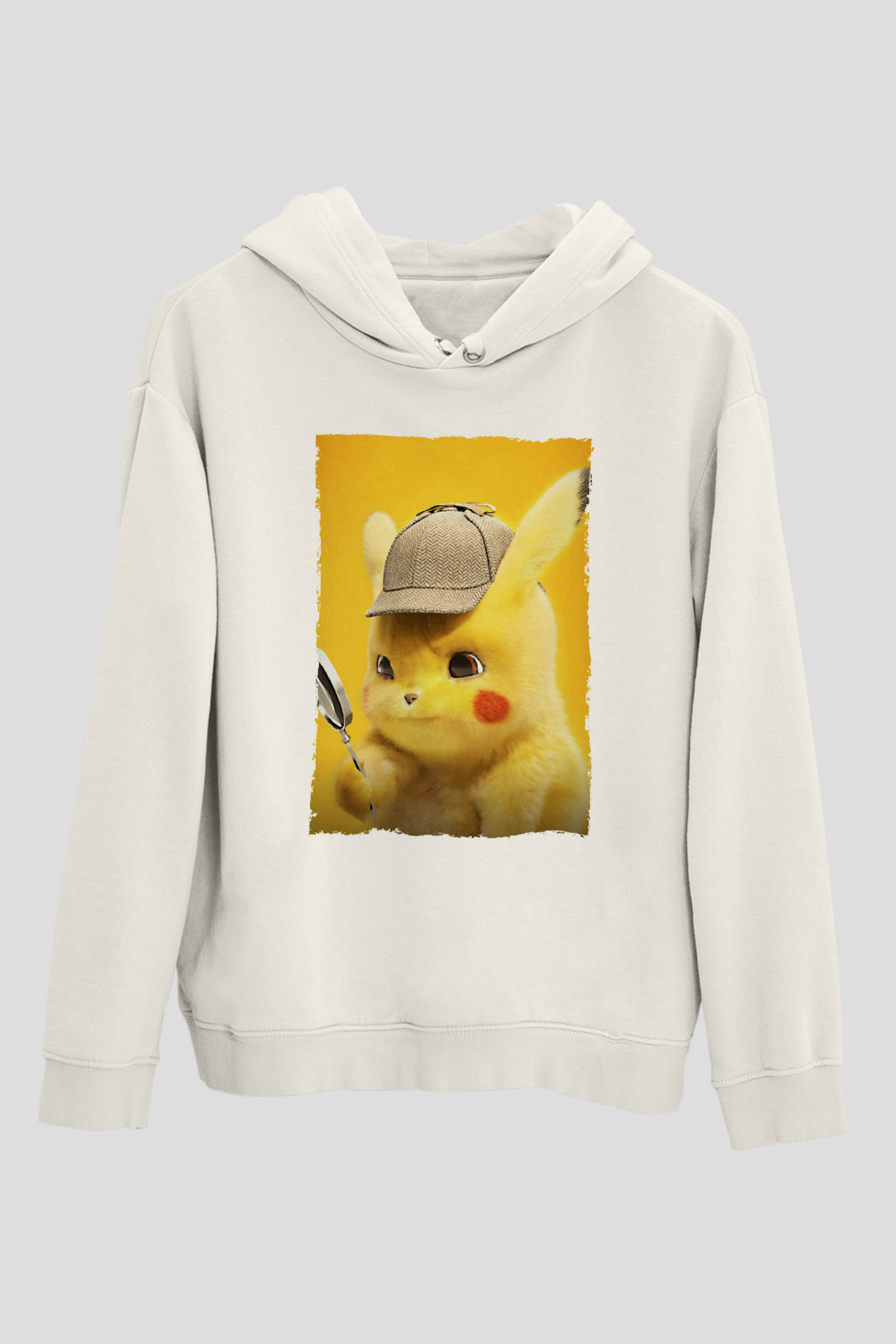 Unisex Pokémon Dedektif Pikachu (Pokémon Detective Pikachu) Baskılı Beyaz Kapüşonlu Sweatshirt