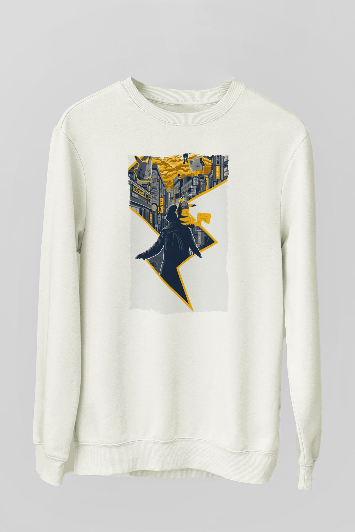 Unisex Pokémon Dedektif Pikachu (Pokémon Detective Pikachu) Baskılı Beyaz Sweatshirt