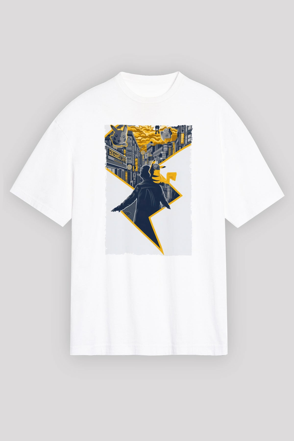 Unisex Pokémon Dedektif Pikachu (Pokémon Detective Pikachu) Baskılı Beyaz Oversize Tişört