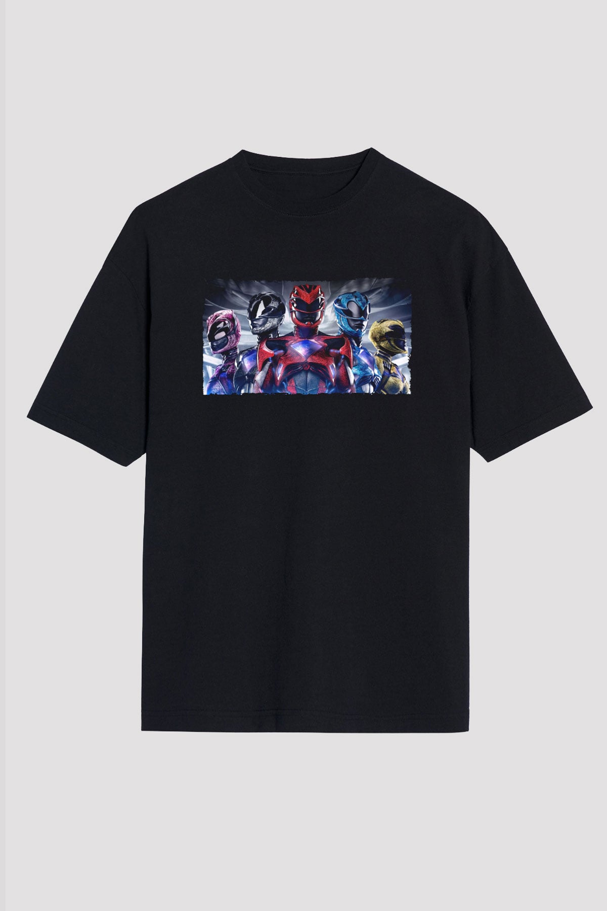 Unisex Power Rangers Baskılı Siyah Oversize Tişört