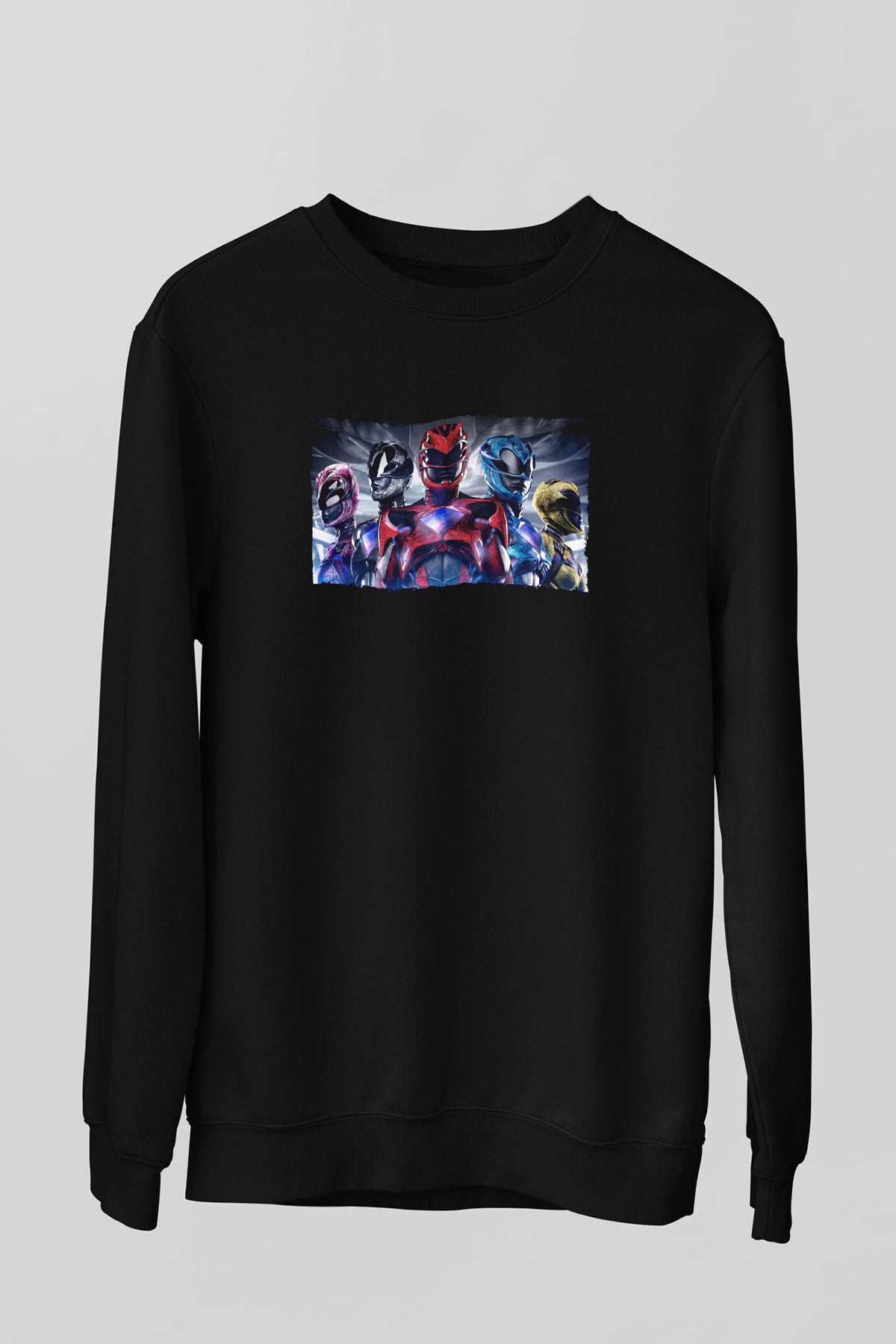 Unisex Power Rangers Baskılı Siyah Sweatshirt