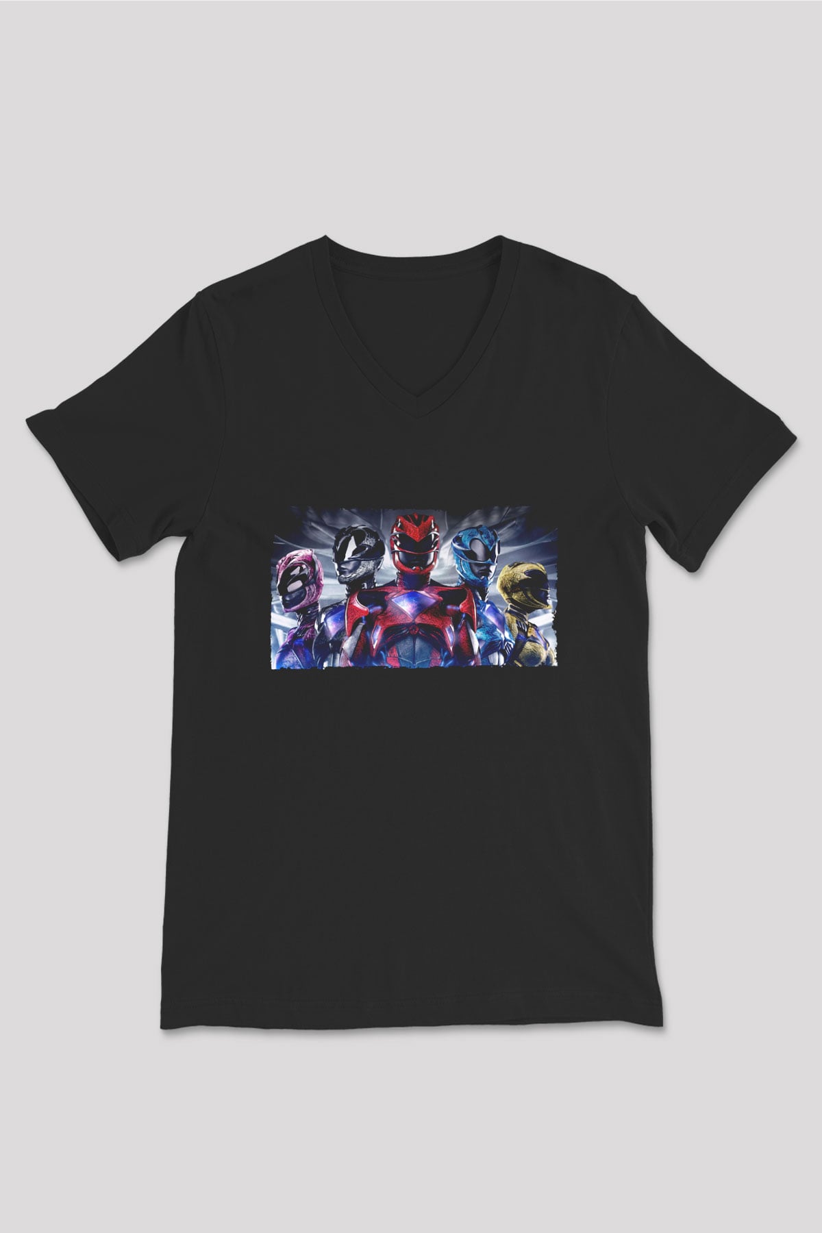 Unisex Power Rangers Baskılı Siyah V Yaka Tişört