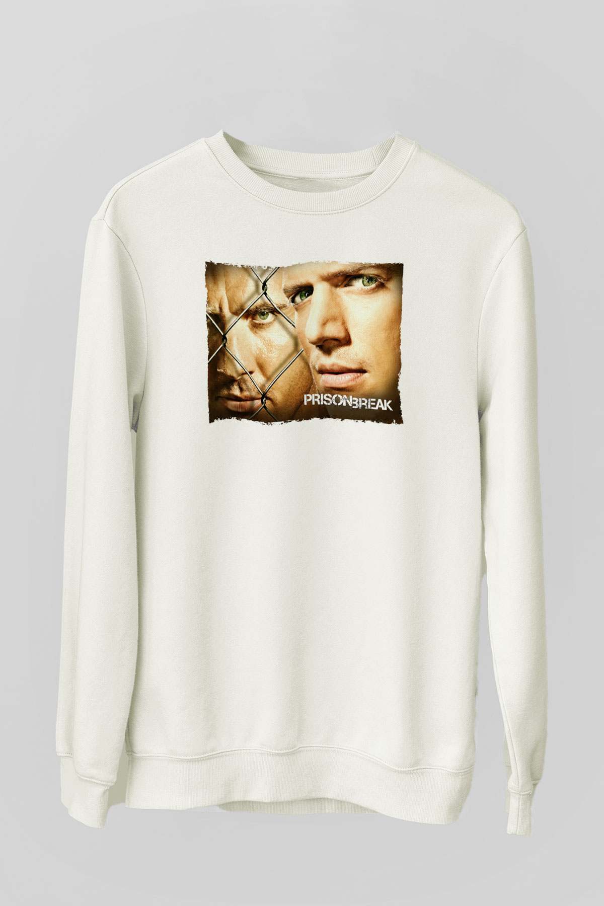 Unisex Prison Break Baskılı Beyaz Sweatshirt