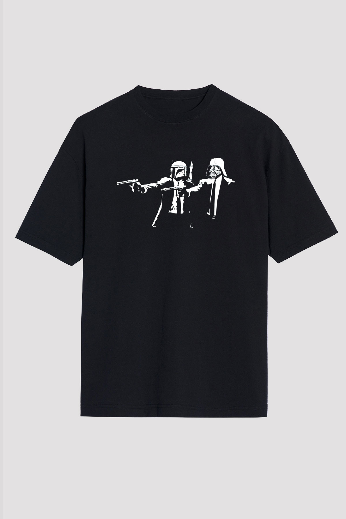 Unisex Pulp Fiction Star Wars Baskılı Siyah Oversize T-shirt