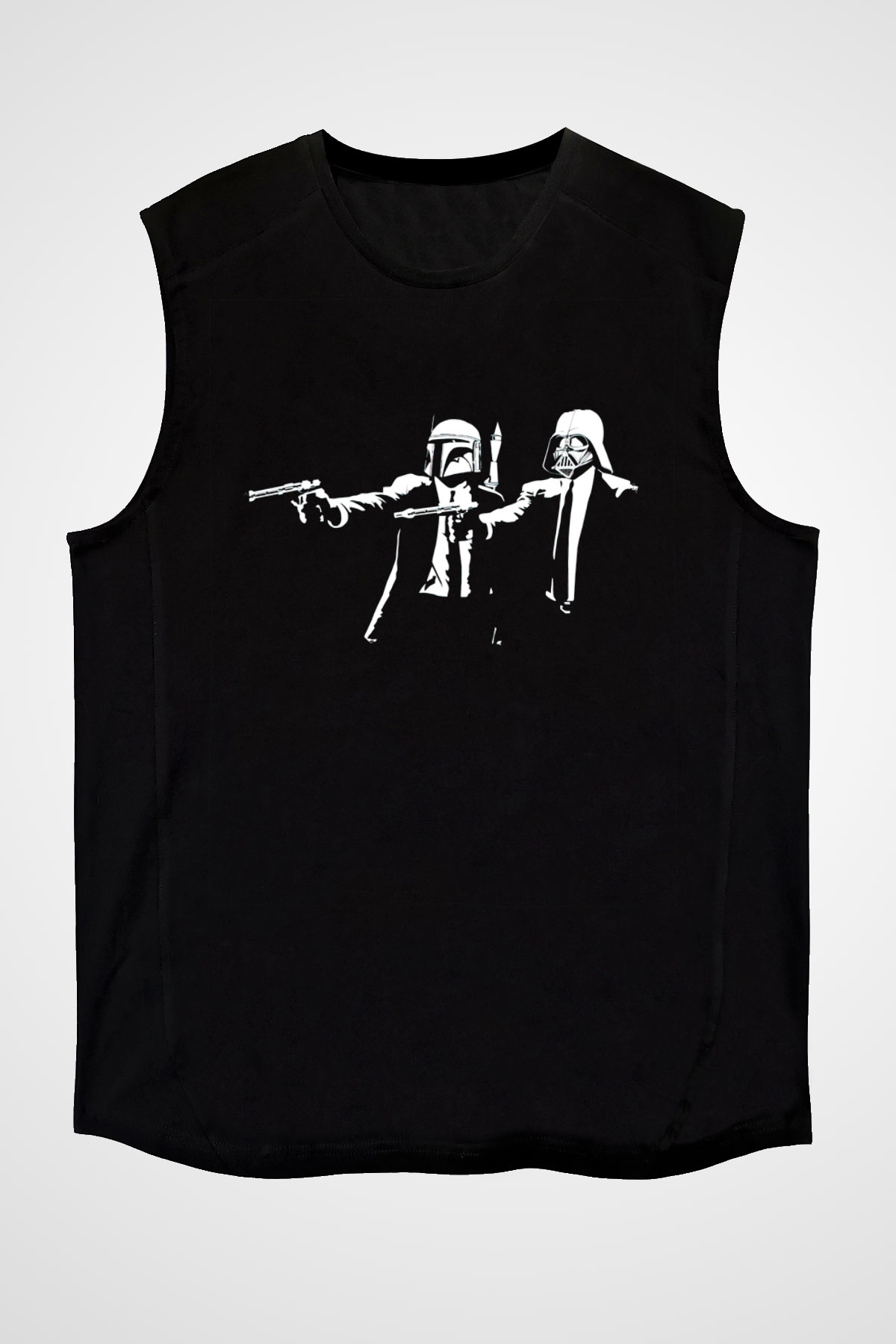 Unisex Pulp Fiction Star Wars Baskılı Siyah Kolsuz T-shirt