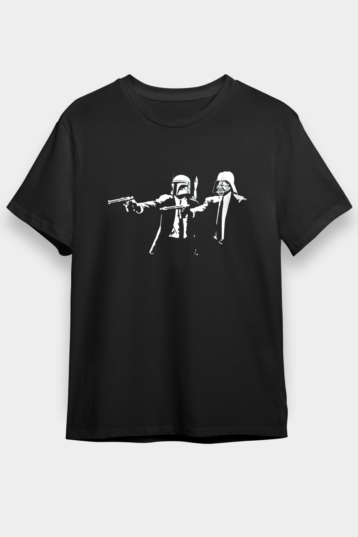 Unisex Pulp Fiction Star Wars Baskılı Siyah T-Shirt