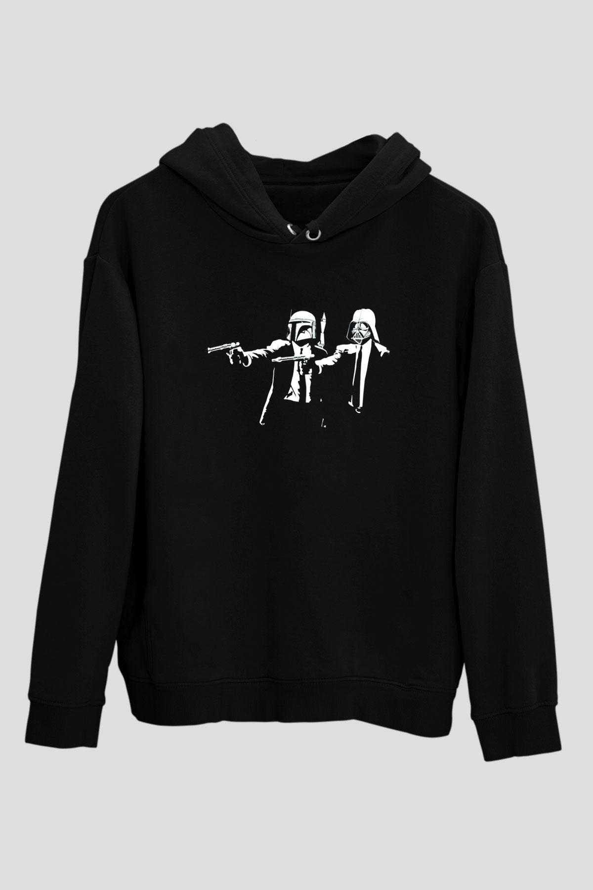 Unisex Pulp Fiction Star Wars Baskılı Siyah Kapüşonlu Sweatshirt