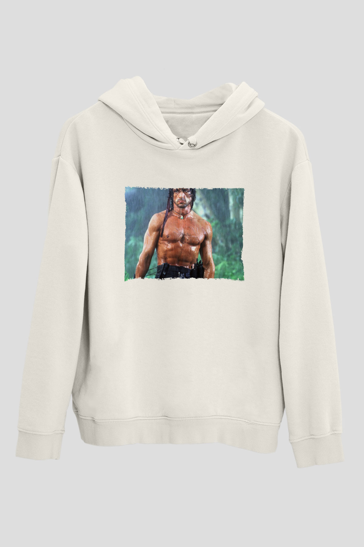 Unisex Rambo Baskılı Beyaz Kapüşonlu Sweatshirt