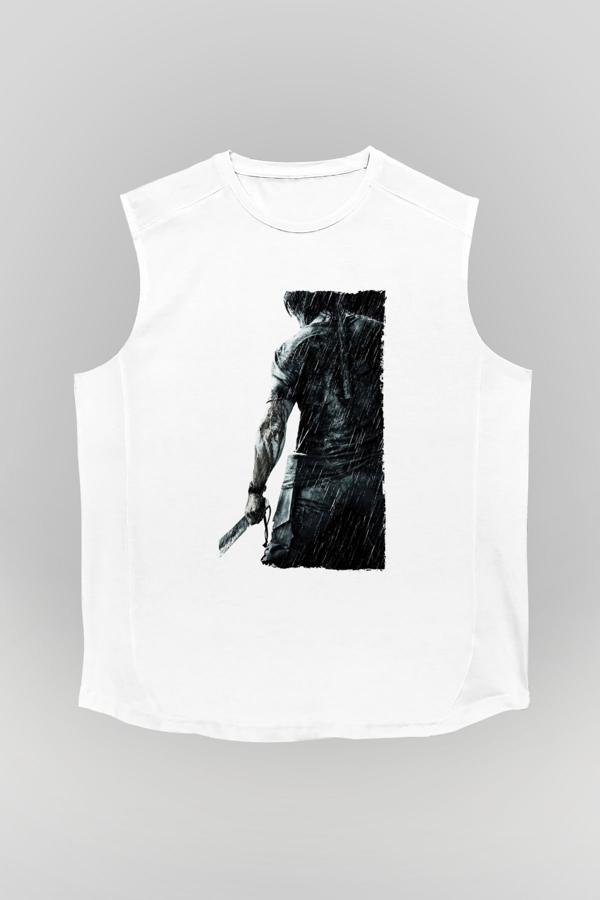 Unisex Rambo Baskılı Beyaz Kolsuz Tişört