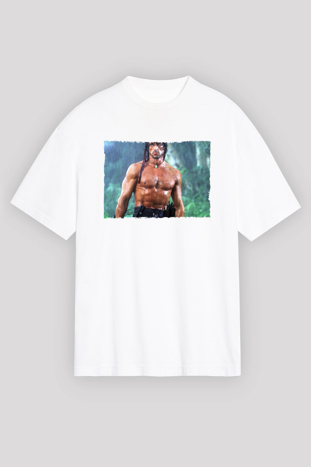 Unisex Rambo Baskılı Beyaz Oversize Oversize T-shirt