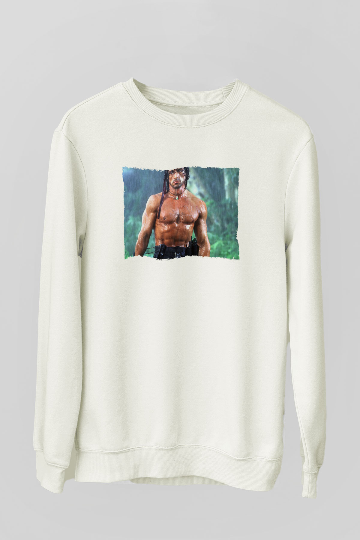 Unisex Rambo Baskılı Beyaz Sweatshirt