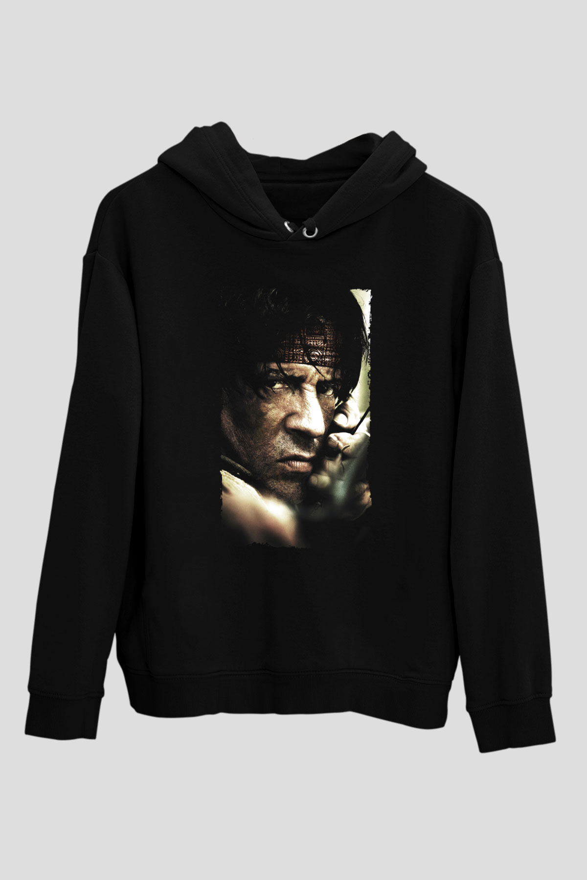 Unisex Rambo Baskılı Siyah Kapüşonlu Sweatshirt