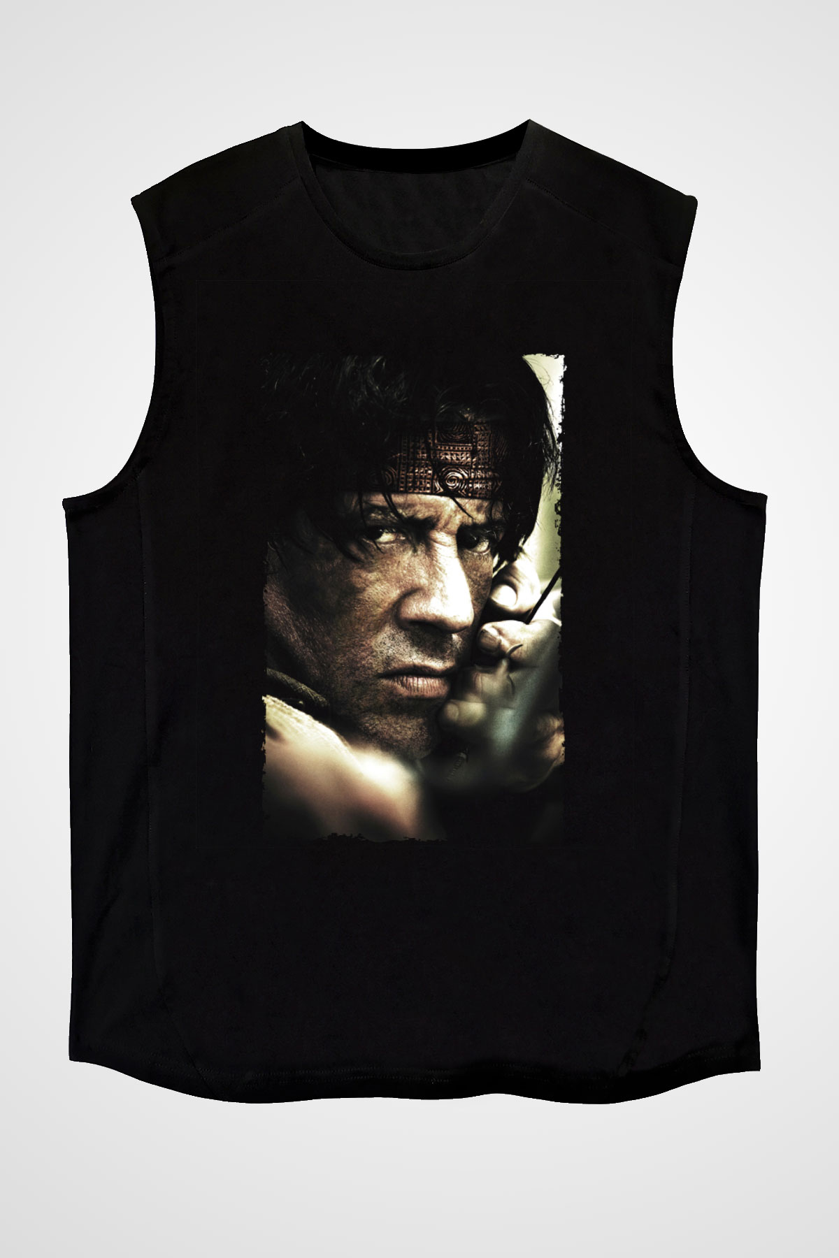 Unisex Rambo Baskılı Siyah Kolsuz T-shirt