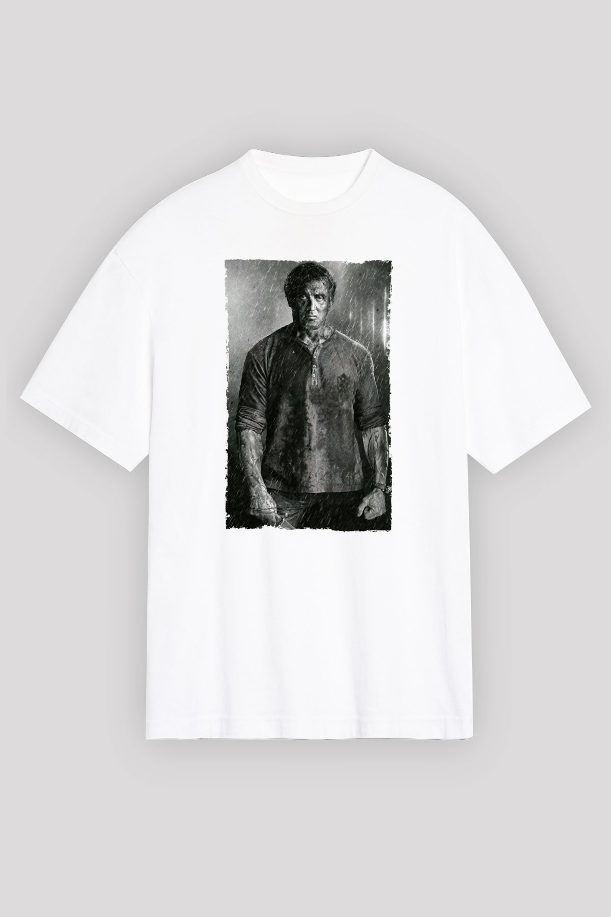 Unisex Rambo Son Kan (Rambo Last Blood) Baskılı Beyaz Oversize Tişört