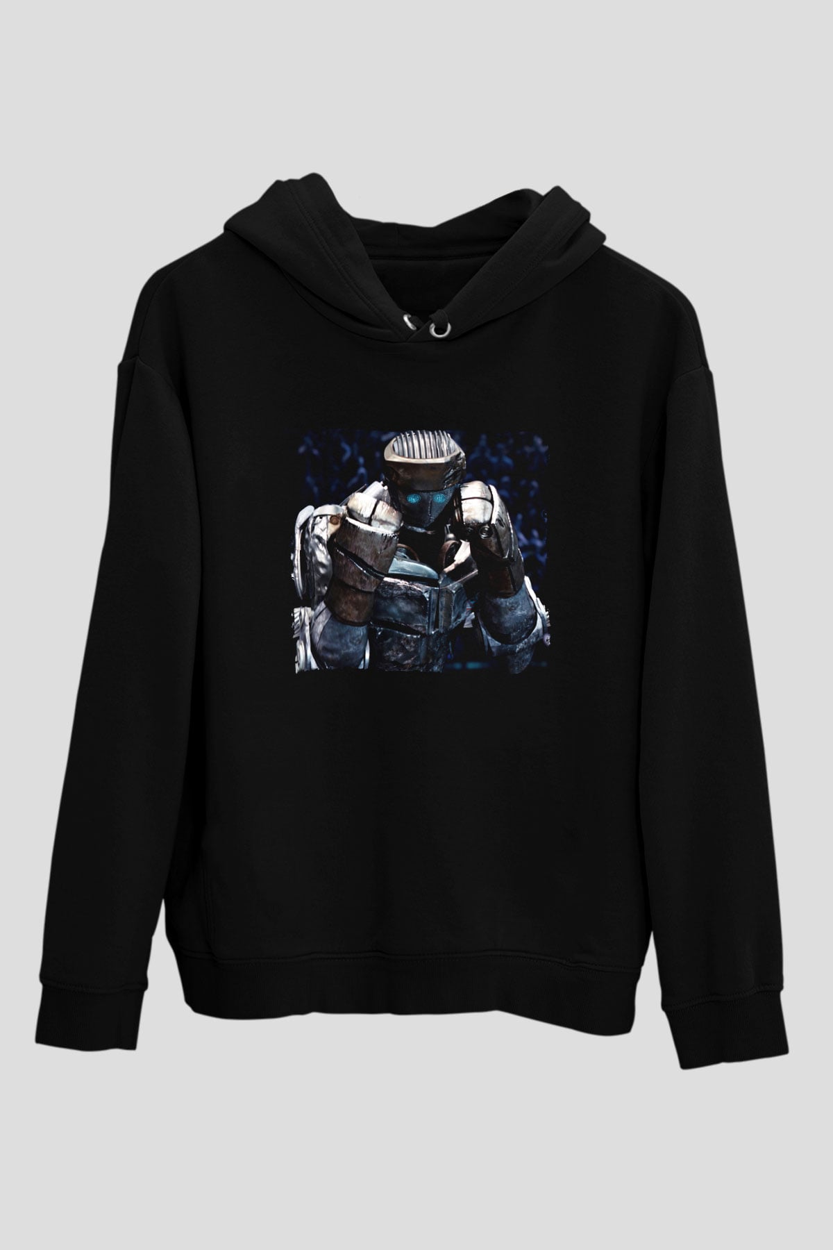 Unisex Real Steel Baskılı Siyah Kapüşonlu Sweatshirt