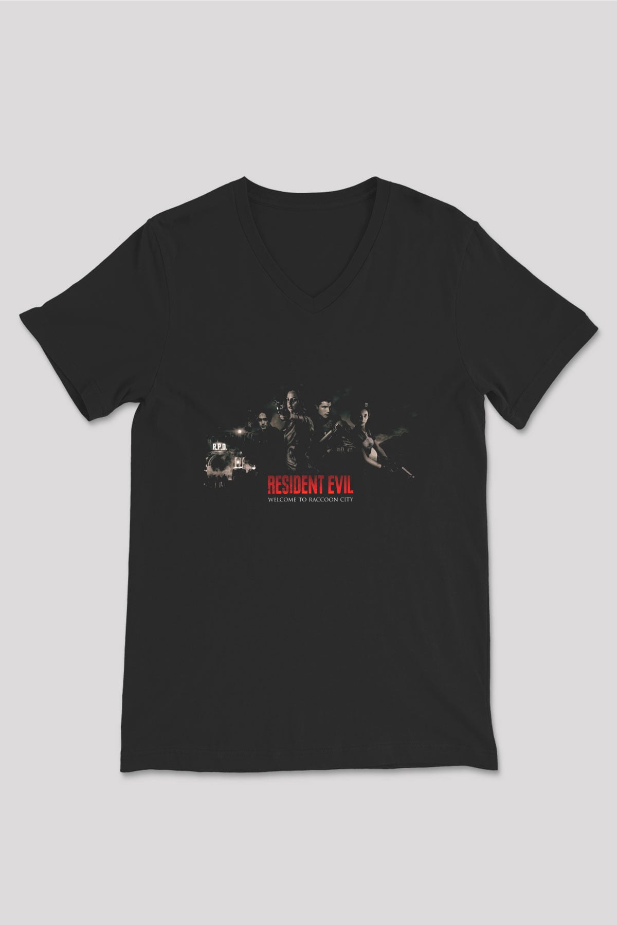 Unisex Resident Evil Baskılı Siyah V Yaka T-shirt