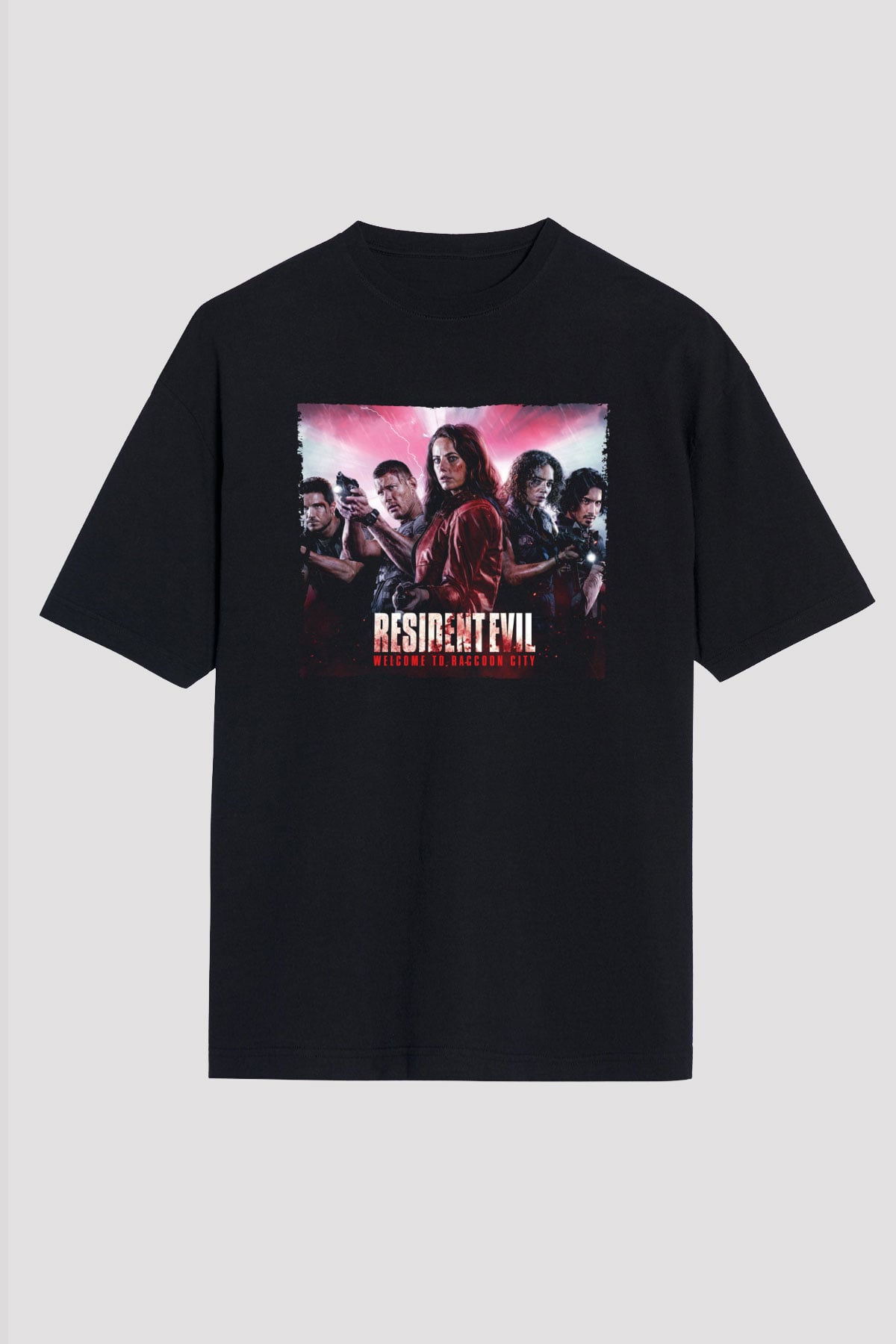 Unisex Resident Evil Raccoon Şehri (Resident Evil Welcome to Raccoon City) Baskılı Siyah Oversize Tişört