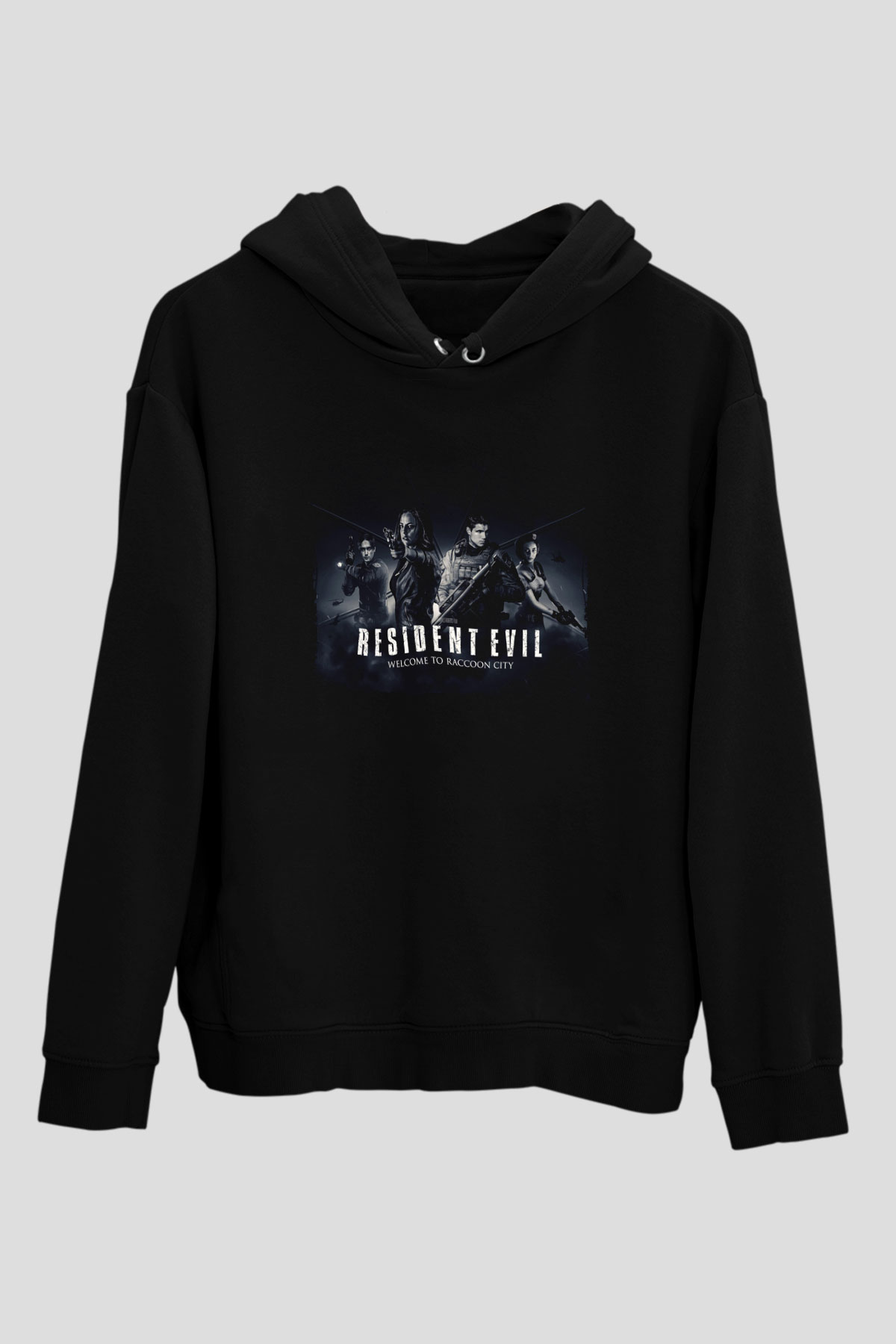 Unisex Resident Evil Raccoon Şehri (Resident Evil Welcome to Raccoon City) Baskılı Siyah Kapüşonlu Sweatshirt