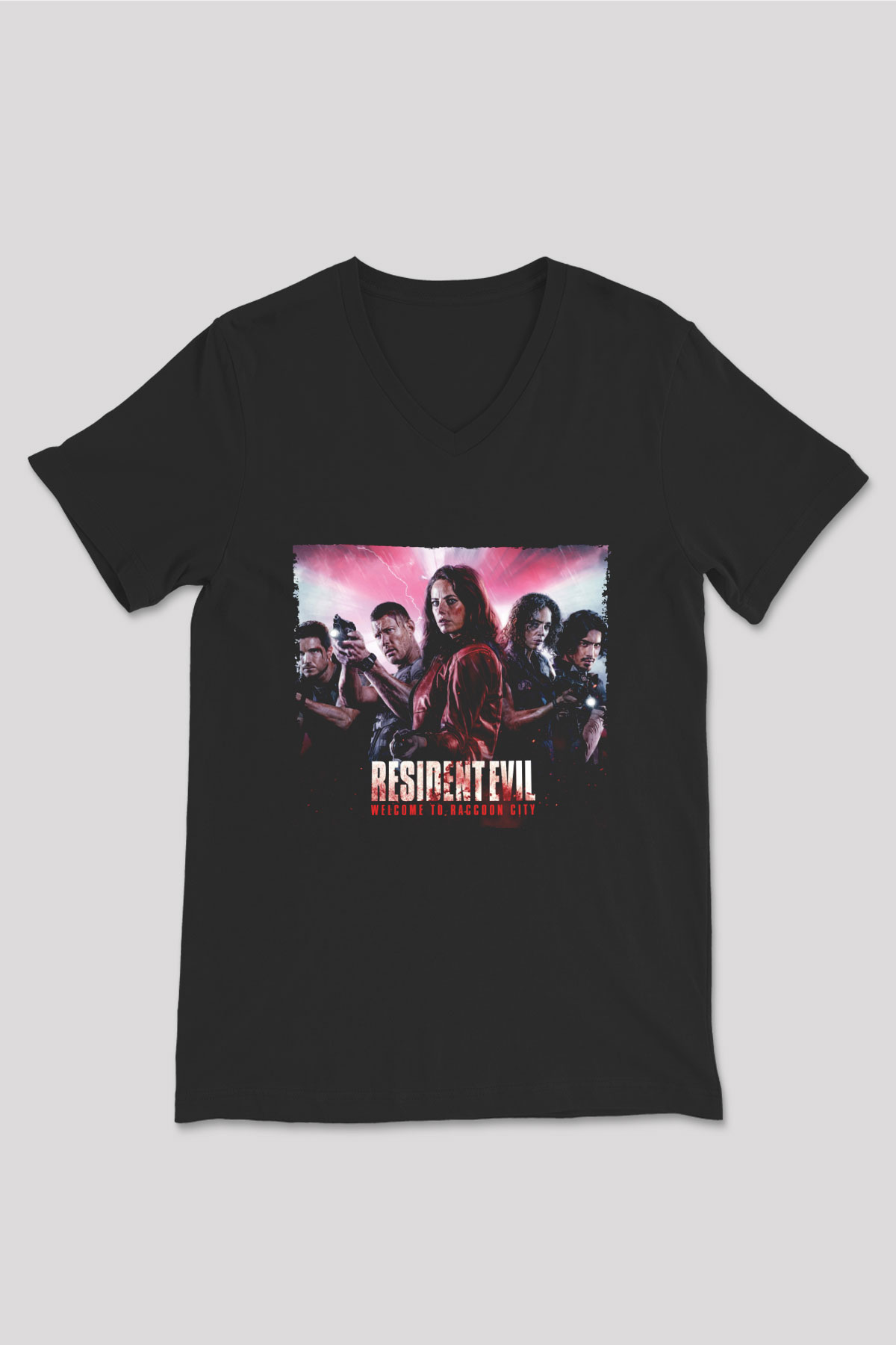 Unisex Resident Evil Raccoon Şehri (Resident Evil Welcome to Raccoon City) Baskılı Siyah V Yaka Tişört
