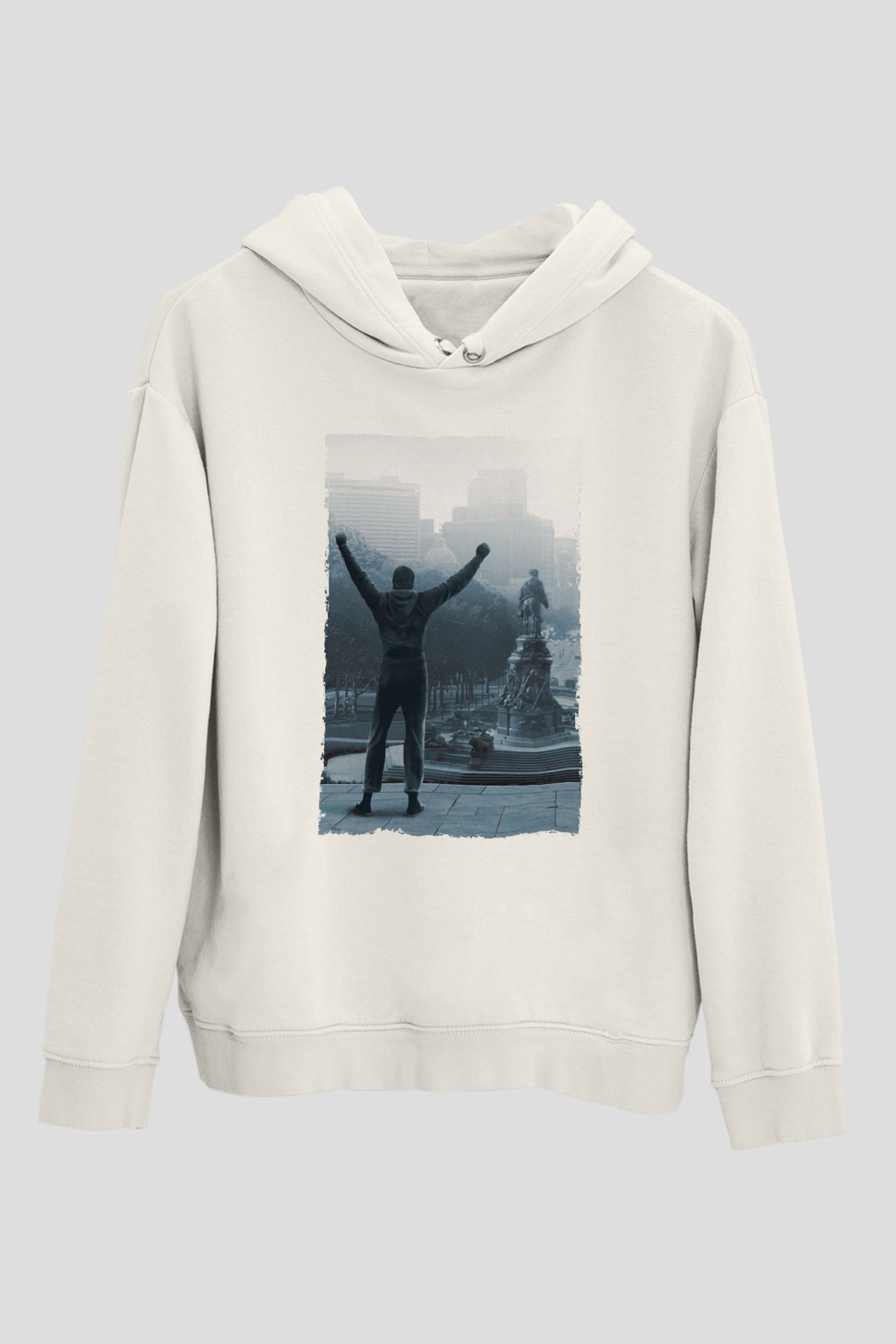 Unisex Rocky Baskılı Beyaz Kapüşonlu Sweatshirt