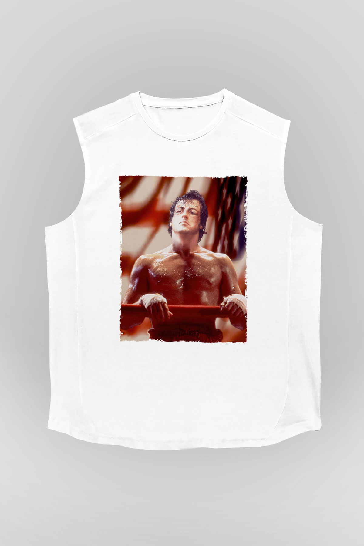 Unisex Rocky Baskılı Beyaz Kolsuz Tişört