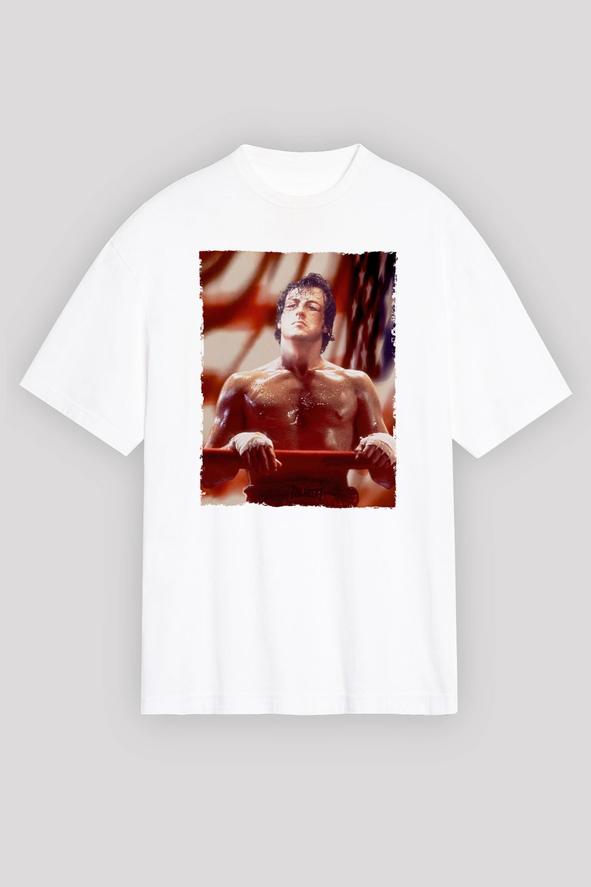 Unisex Rocky Baskılı Beyaz Oversize Tişört