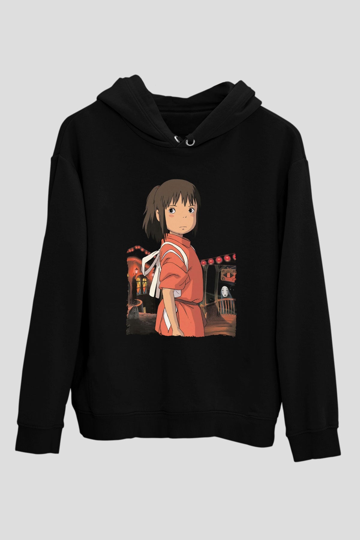Unisex Ruhların Kaçışı (Spirited Away) Baskılı Siyah Kapüşonlu Sweatshirt