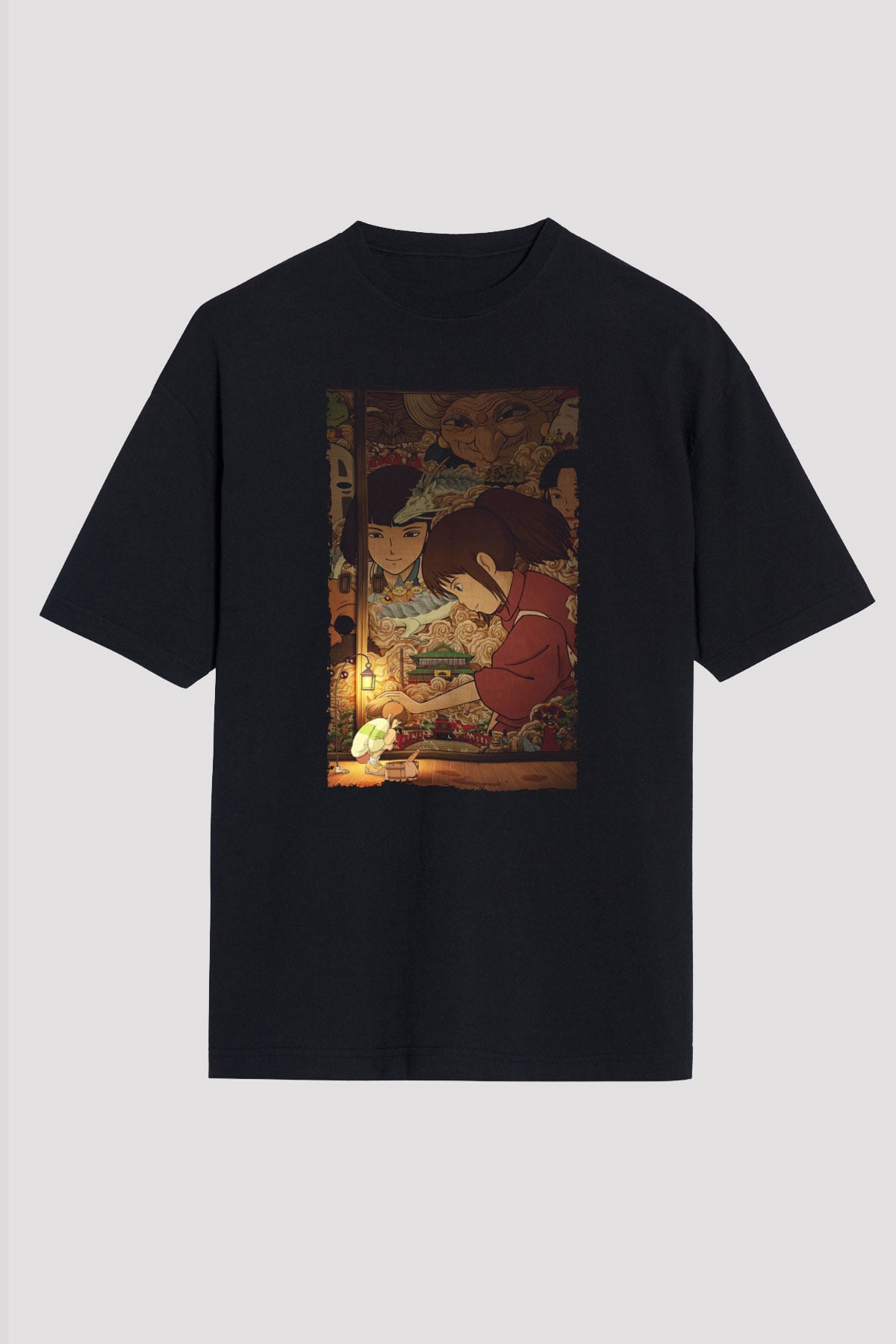 Unisex Ruhların Kaçışı (Spirited Away) Baskılı Siyah Oversize T-shirt