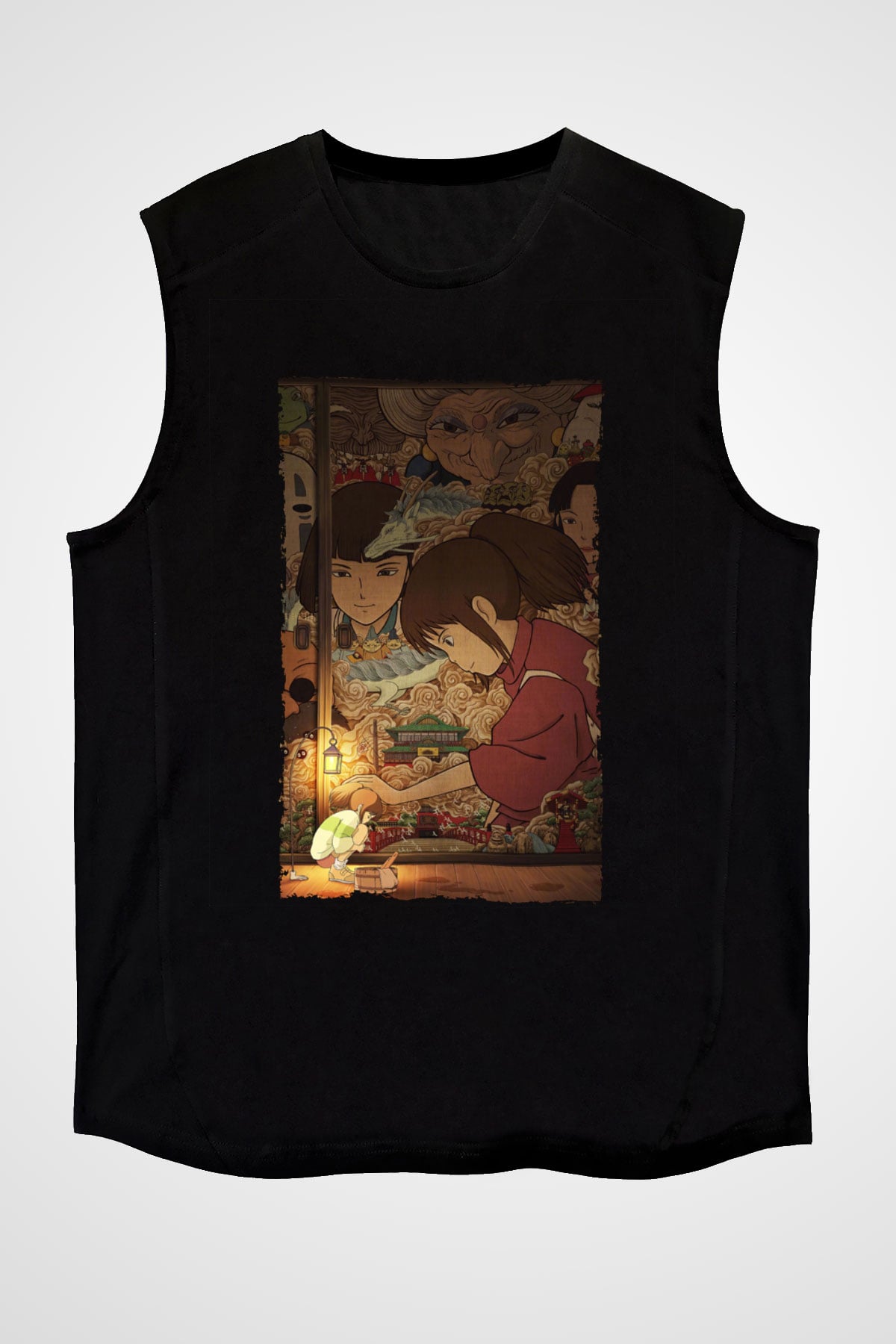 Unisex Ruhların Kaçışı (Spirited Away) Baskılı Siyah Kolsuz T-shirt