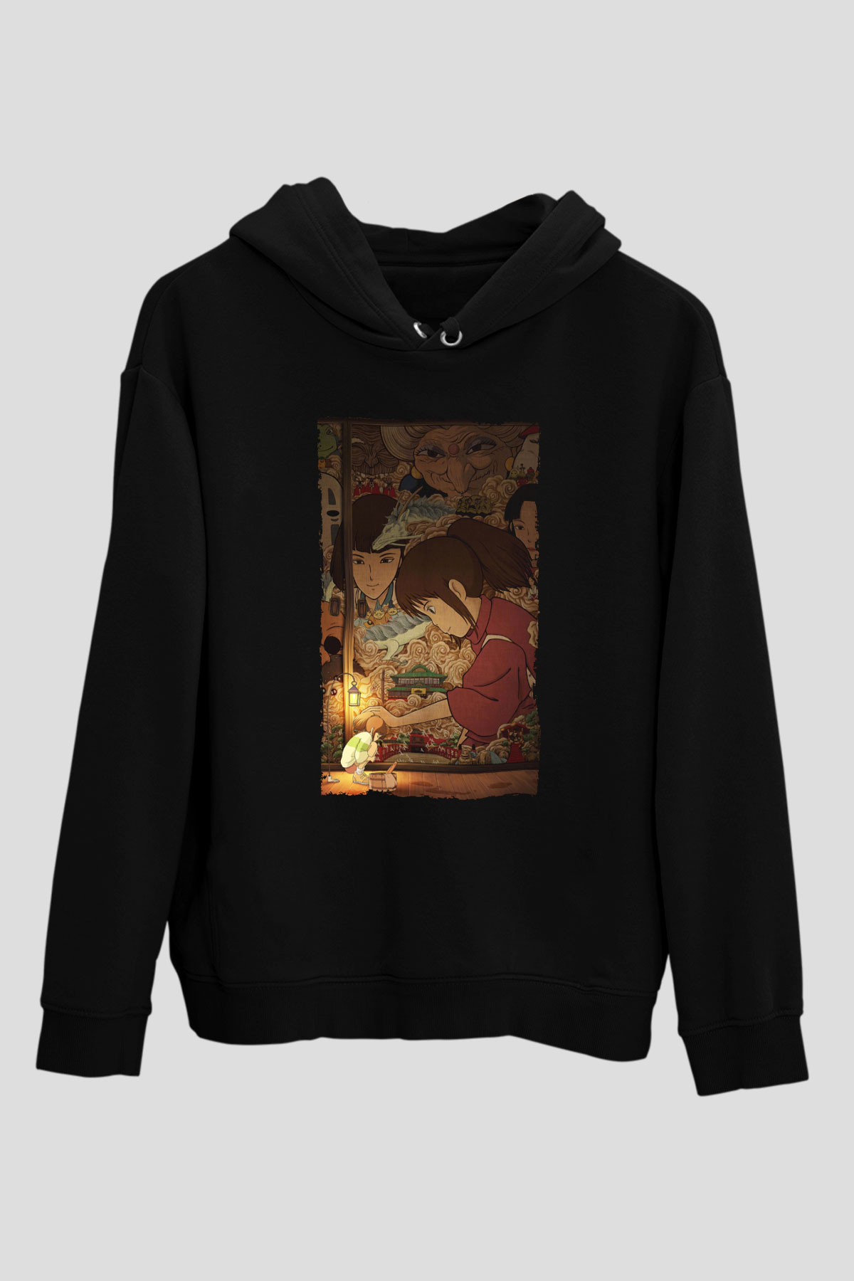 Unisex Ruhların Kaçışı (Spirited Away) Baskılı Siyah Kapüşonlu Sweatshirt