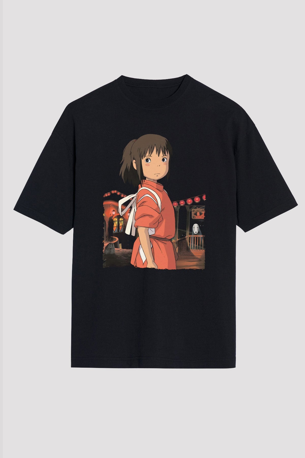 Unisex Ruhların Kaçışı (Spirited Away) Baskılı Siyah Oversize Tişört