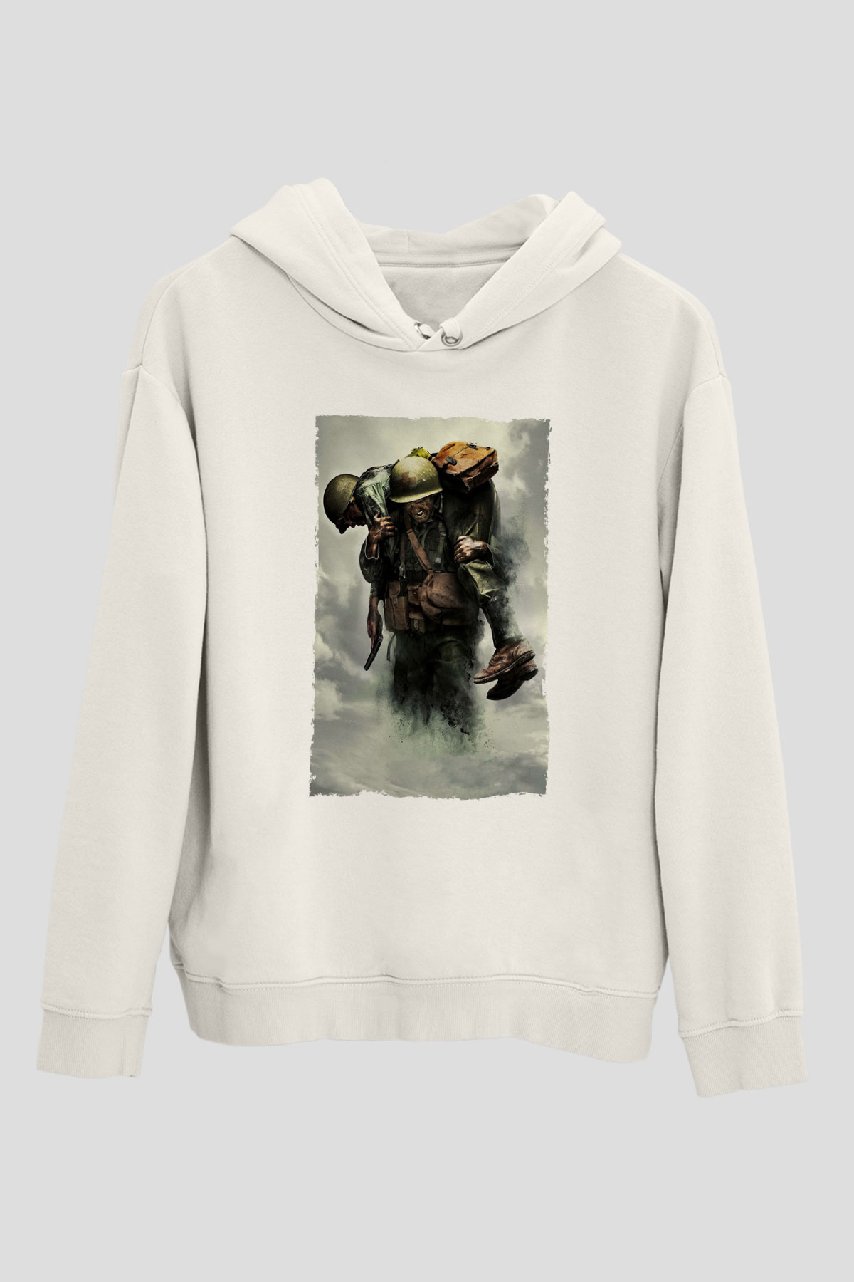 Unisex Savaş Vadisi (Hacksaw Ridge) Baskılı Beyaz Kapüşonlu Sweatshirt