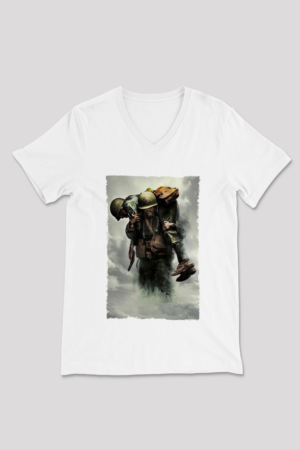 Unisex Savaş Vadisi (Hacksaw Ridge) Baskılı Beyaz V Yaka Tişört