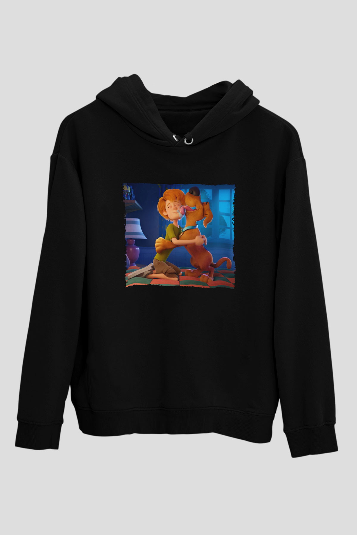 Unisex Scooby-Doo Baskılı Siyah Kapüşonlu Sweatshirt