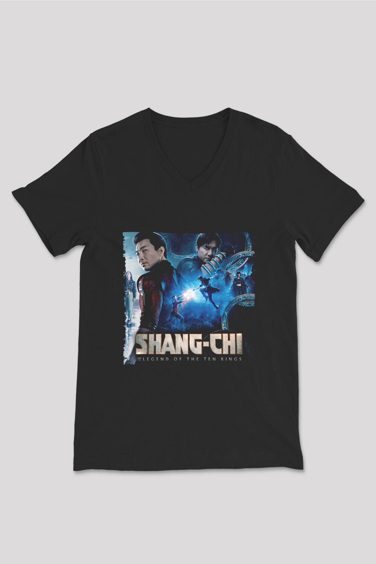 Unisex Shang-Chi ve On Halka Efsanesi (Shang-Chi and the Legend of the Ten Rings) Baskılı Siyah V Yaka Tişört