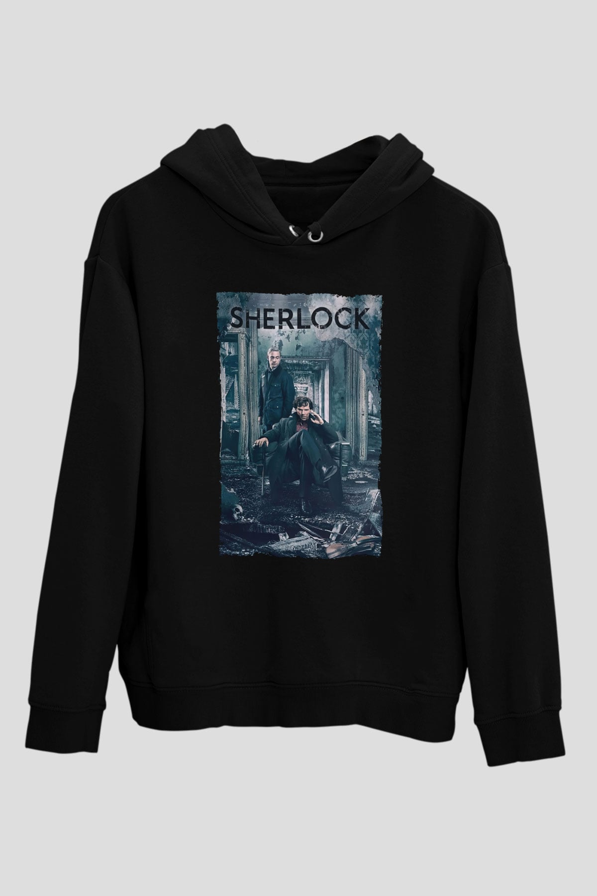 Unisex Sherlock Baskılı Siyah Kapüşonlu Sweatshirt