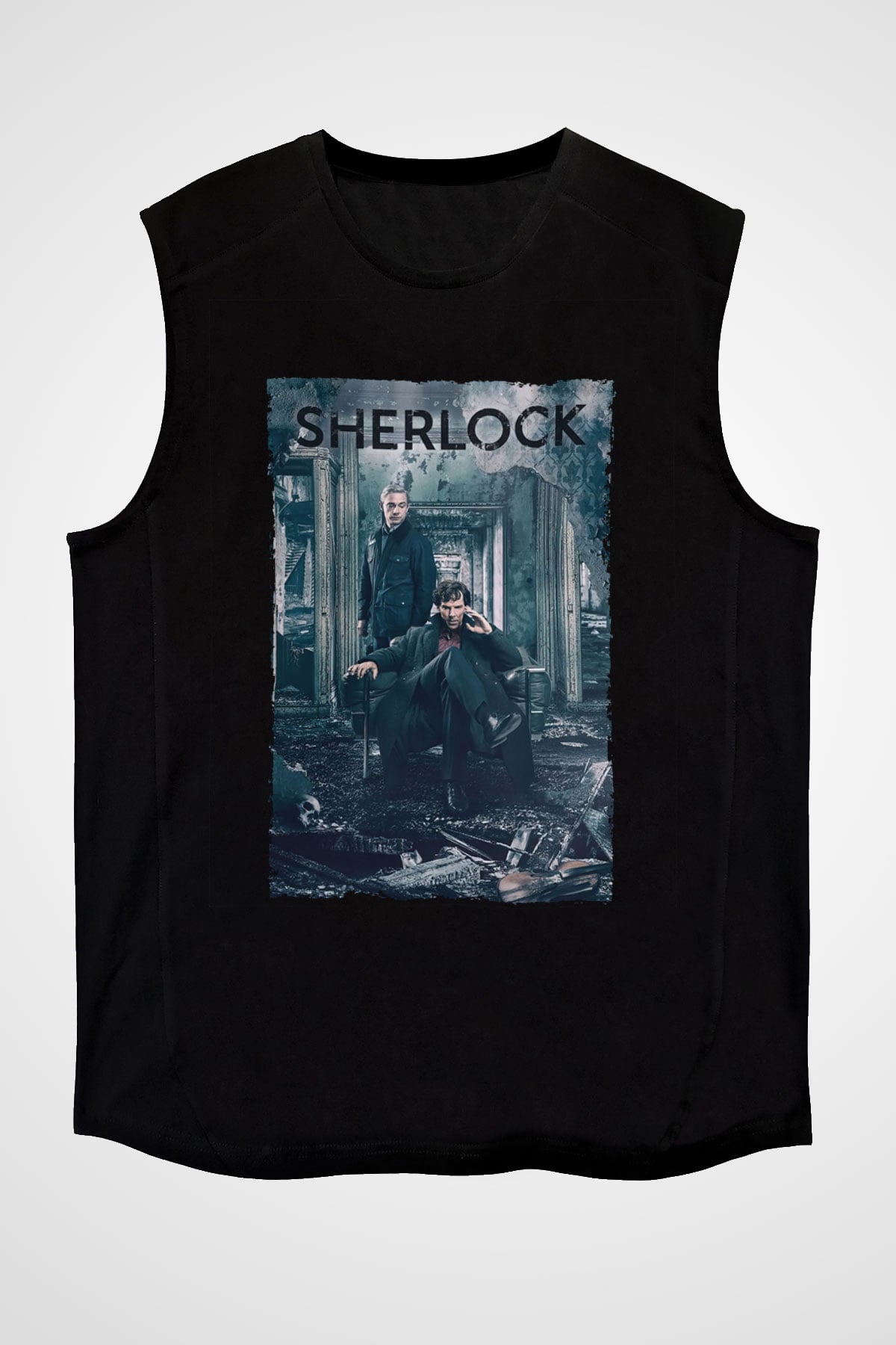 Unisex Sherlock Baskılı Siyah Kolsuz Tshirt