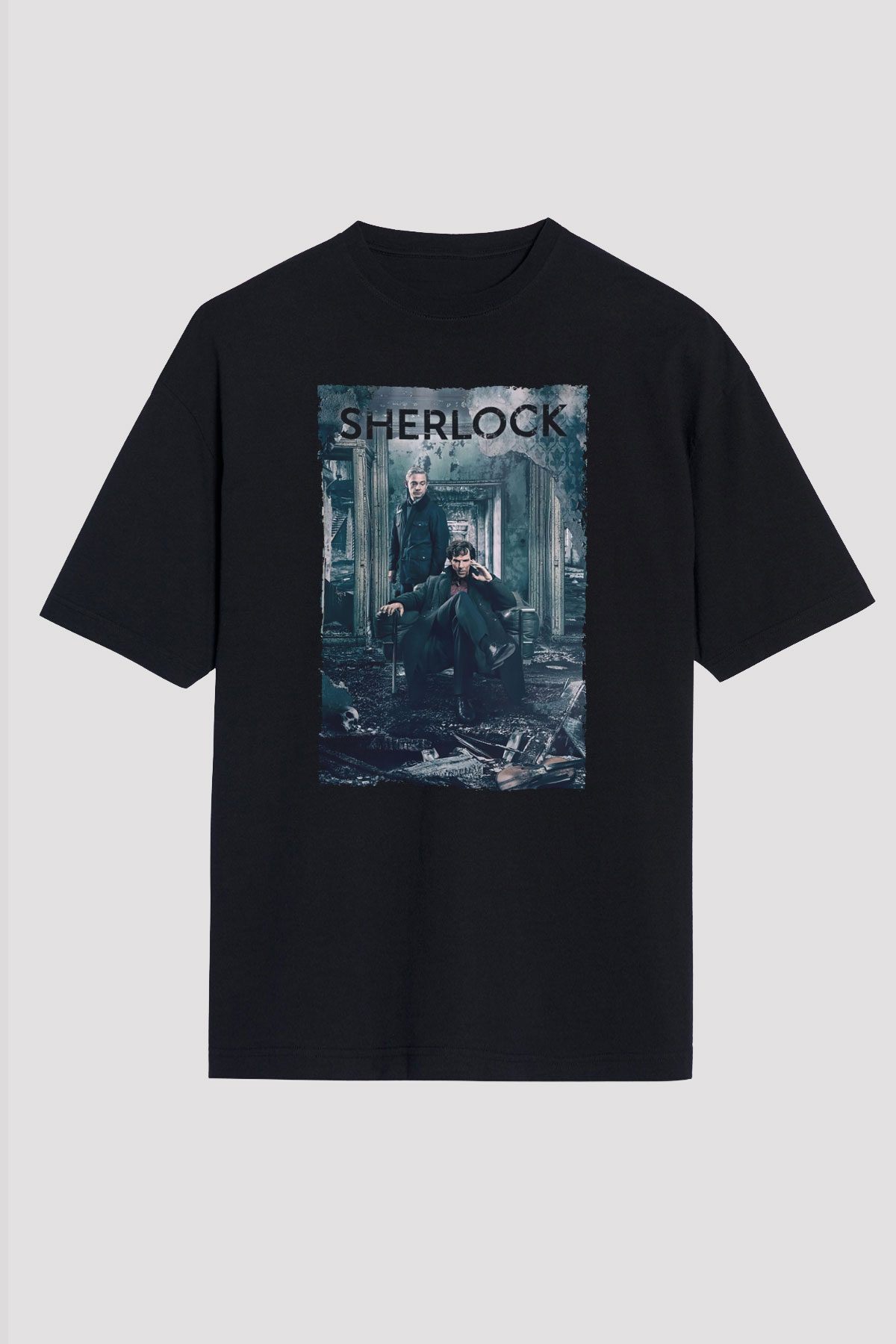 Unisex Sherlock Baskılı Siyah Oversize Tshirt