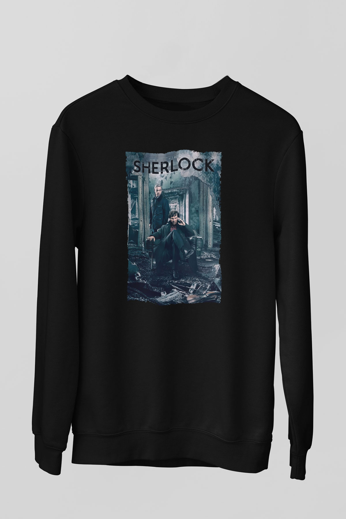 Unisex Sherlock Baskılı Siyah Sweatshirt