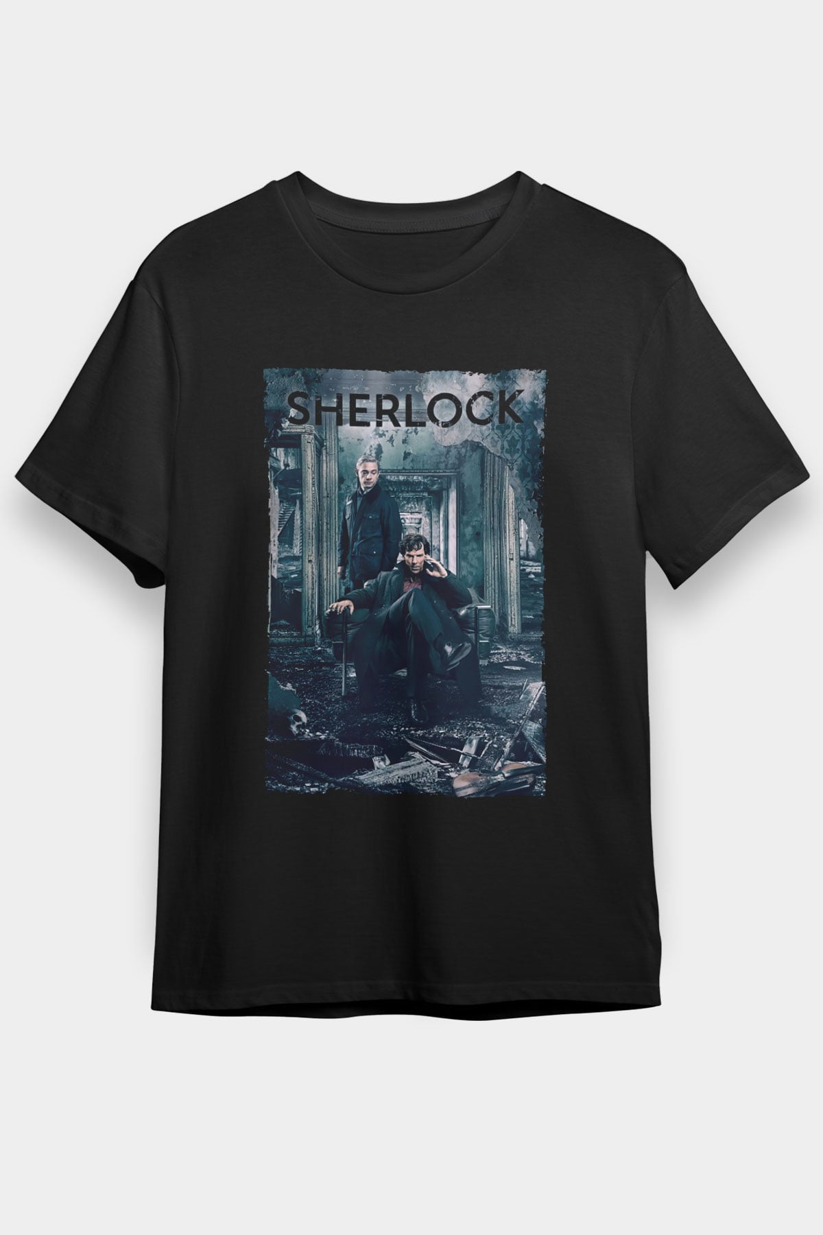 Unisex Sherlock Baskılı Siyah Tshirt