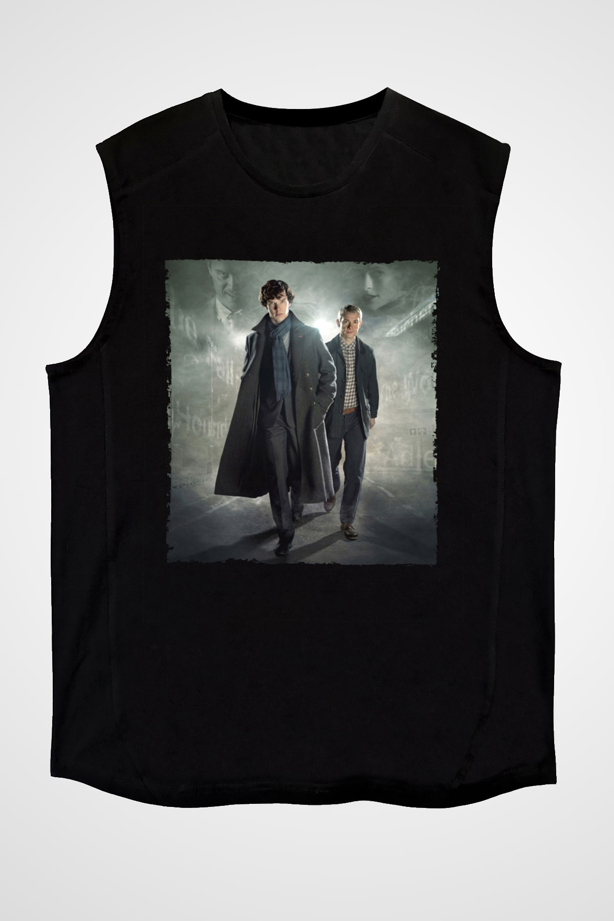 Unisex Sherlock Holmes Baskılı Siyah Kolsuz Tişört