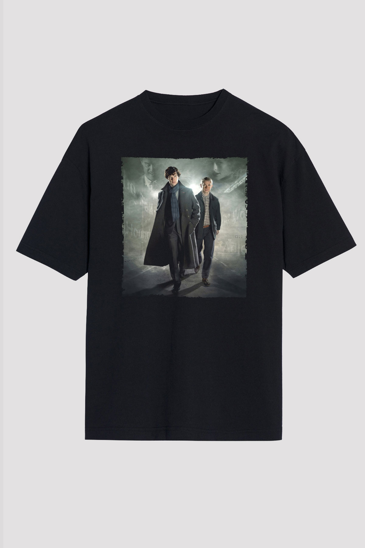 Unisex Sherlock Holmes Baskılı Siyah Oversize Tişört