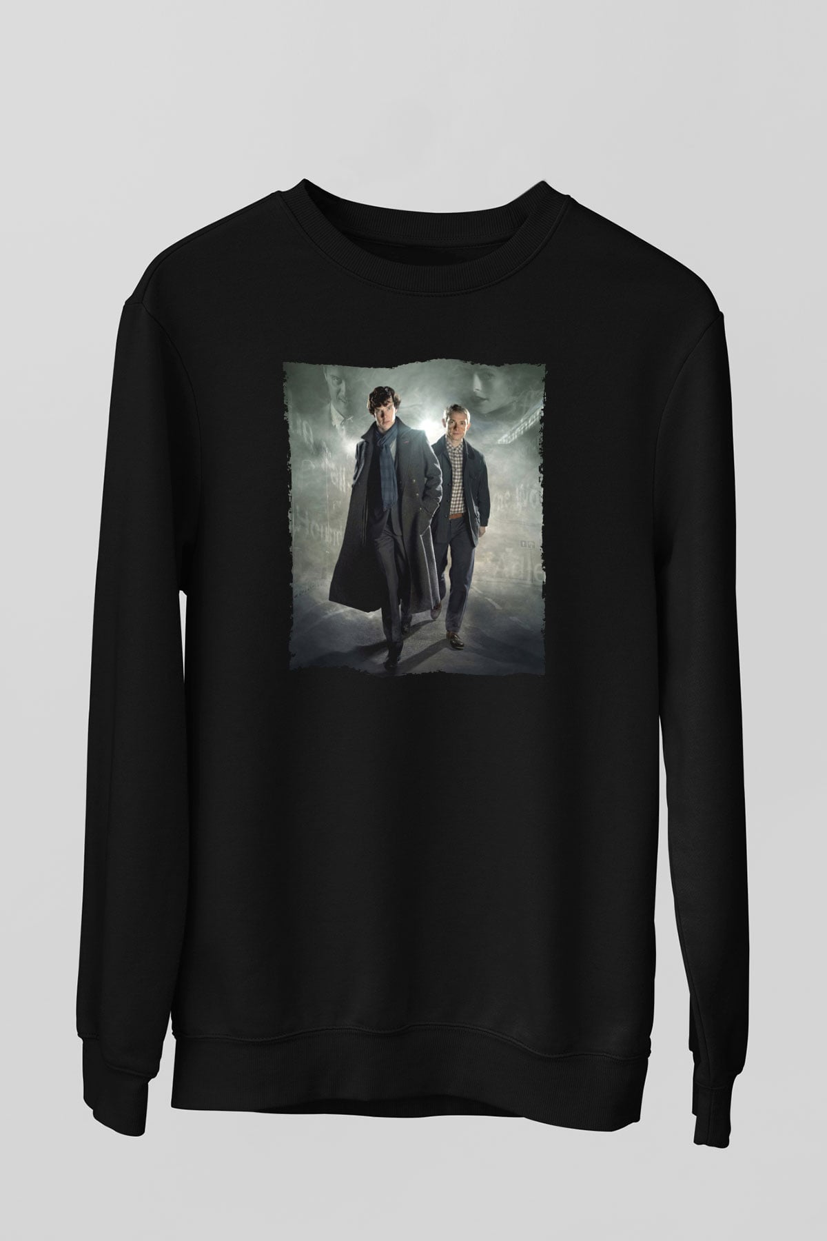 Unisex Sherlock Holmes Baskılı Siyah Sweatshirt