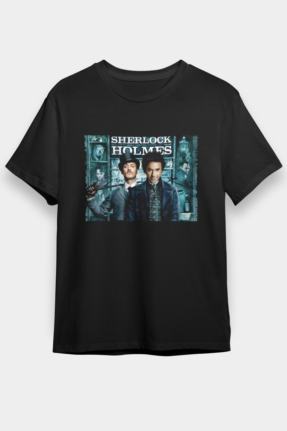 Unisex Sherlock Holmes Baskılı Siyah Tshirt