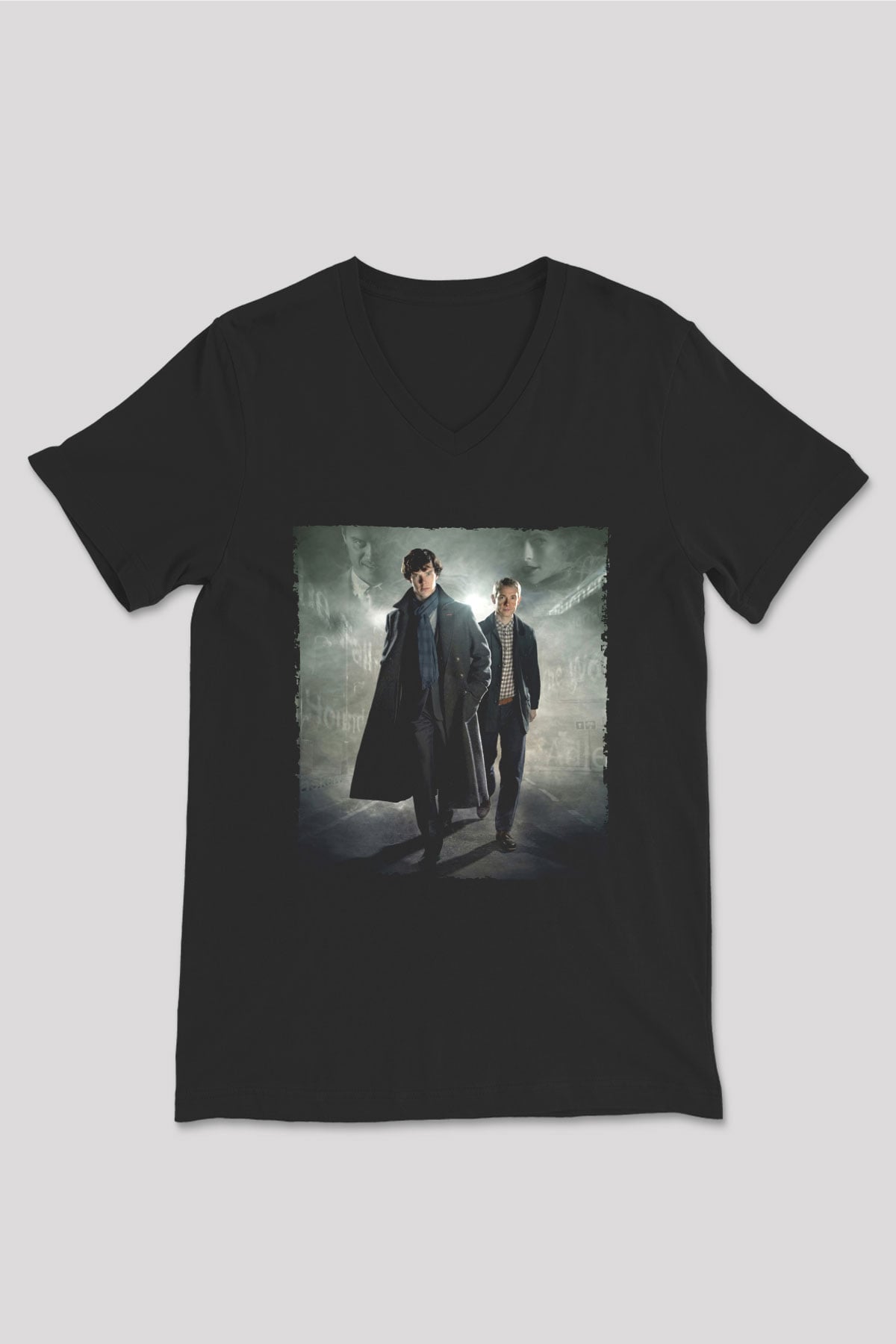 Unisex Sherlock Holmes Baskılı Siyah V Yaka Tişört