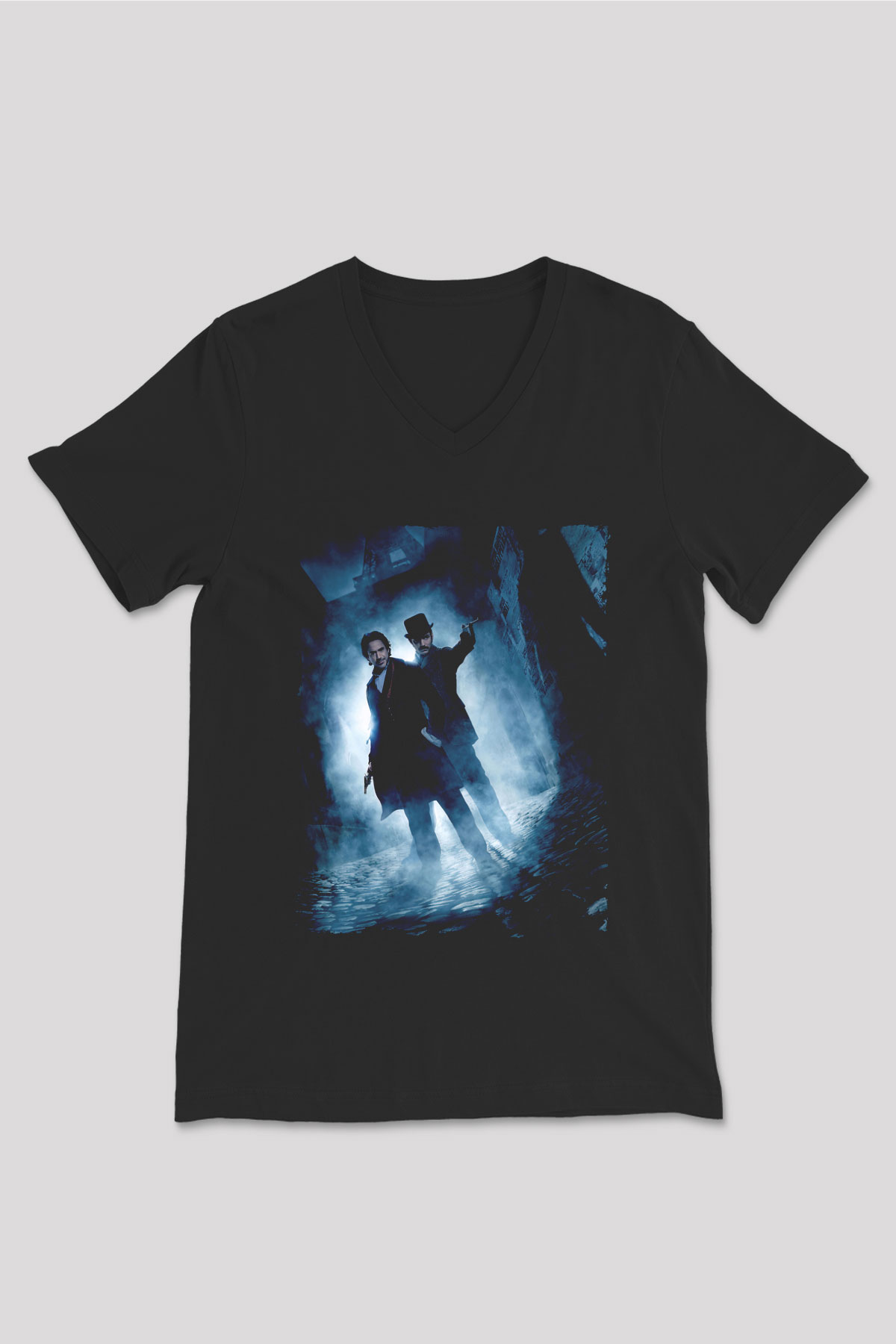 Unisex Sherlock Holmes Gölge Oyunları (Sherlock Holmes A Game of Shadows) Baskılı Siyah V Yaka T-shirt